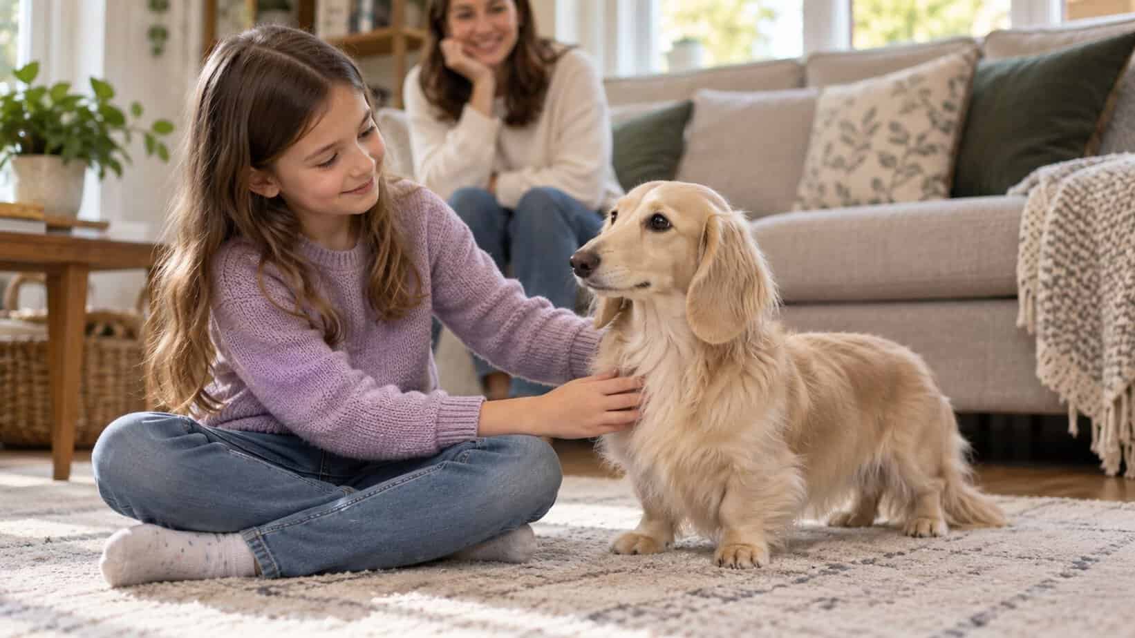 School-age child gently petting an English cream Dachshund on the floor while an adult supervises