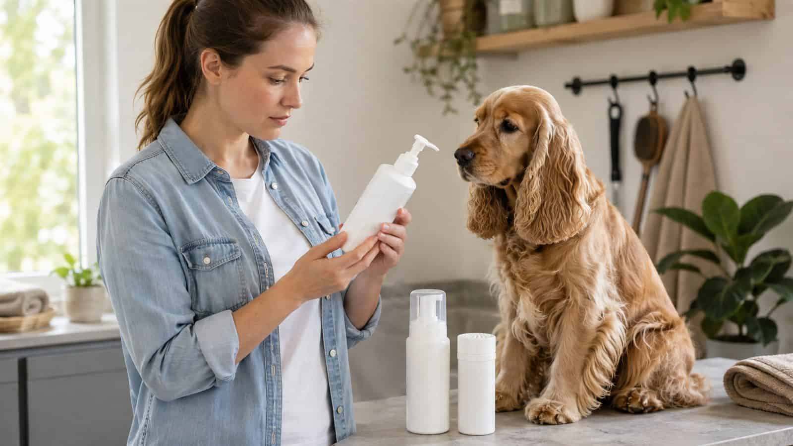 Owner reading a dog dry shampoo label with a Cocker Spaniel nearby