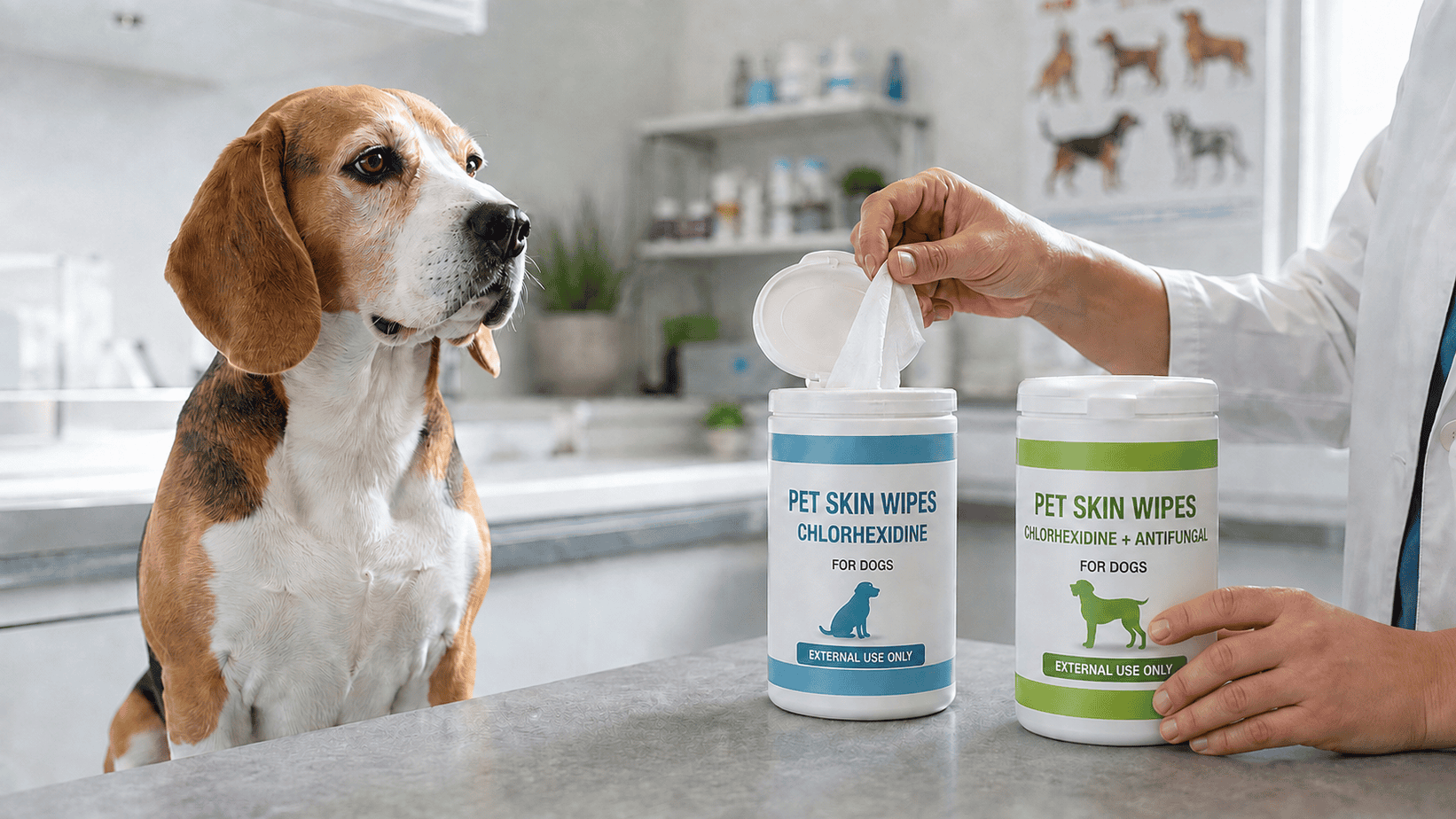 Beagle beside two clearly labeled pet chlorhexidine wipe formulas in a veterinary clinic.