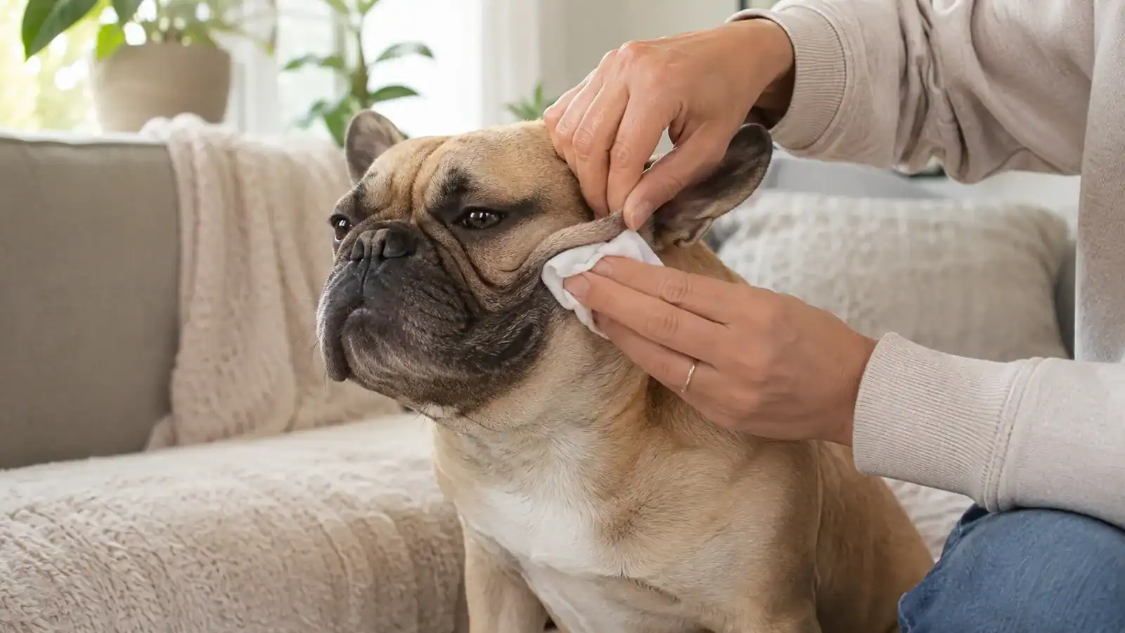Owner gently cleaning the outer facial fold of a calm French bulldog with a wipe
