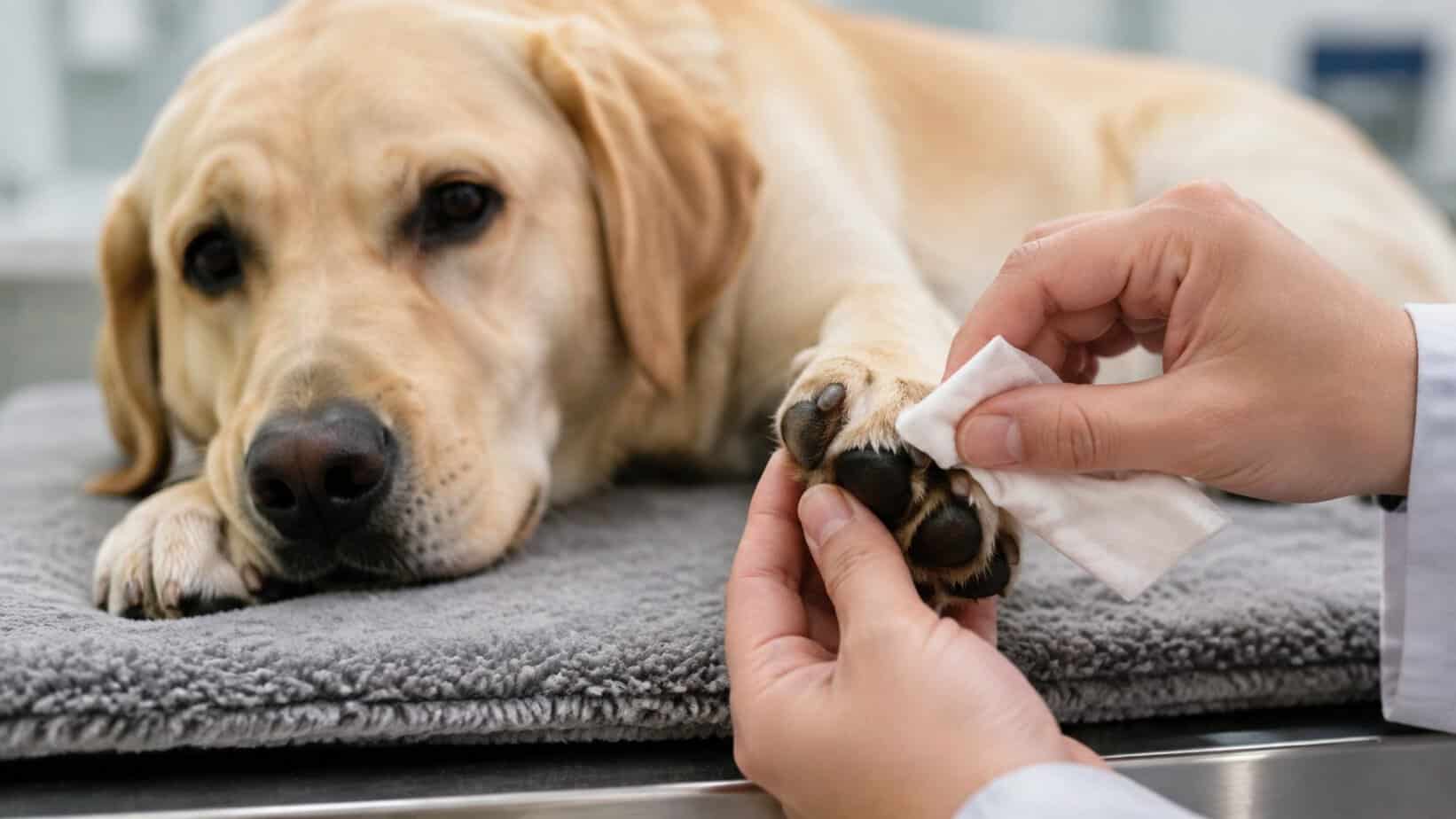 Veterinarian gently cleaning intact skin between a Labrador’s toes with a pet wipe.