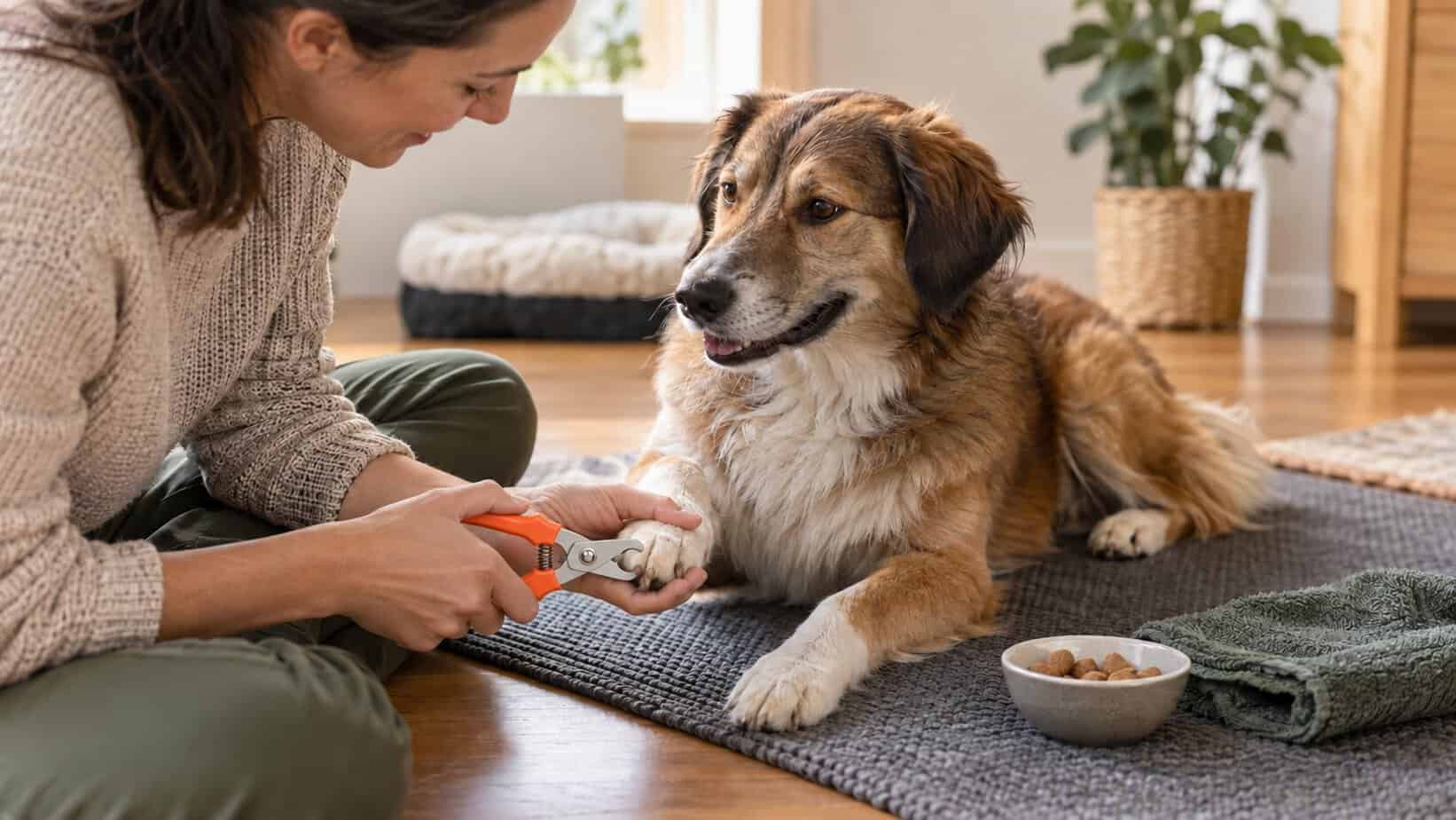 Owner safely trimming one nail while a calm dog rests beside treats