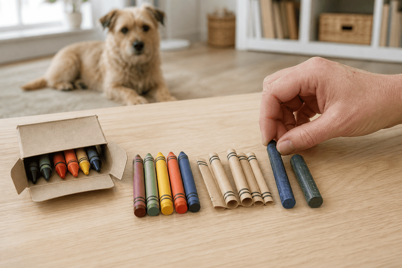 Standard crayons, paper wrappers, and specialty art sticks compared on a table