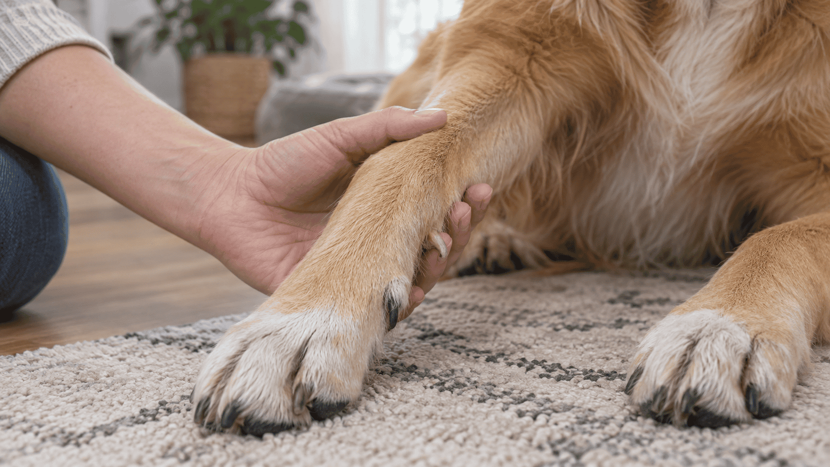 Caregiver gently supporting a dog’s foreleg to inspect the higher dewclaw and paw nails.