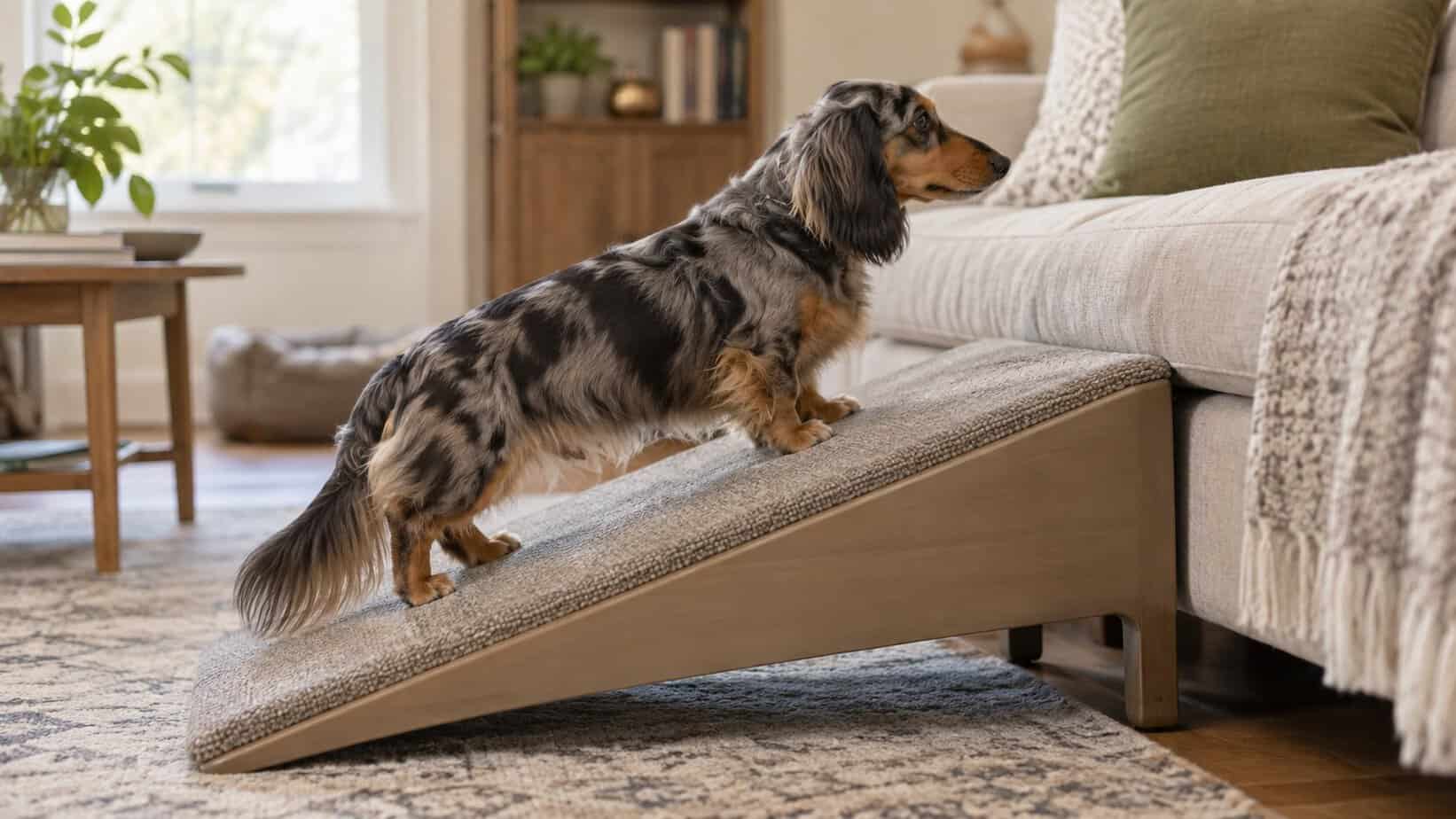 Long-haired dapple Dachshund walking up a carpeted ramp to a sofa
