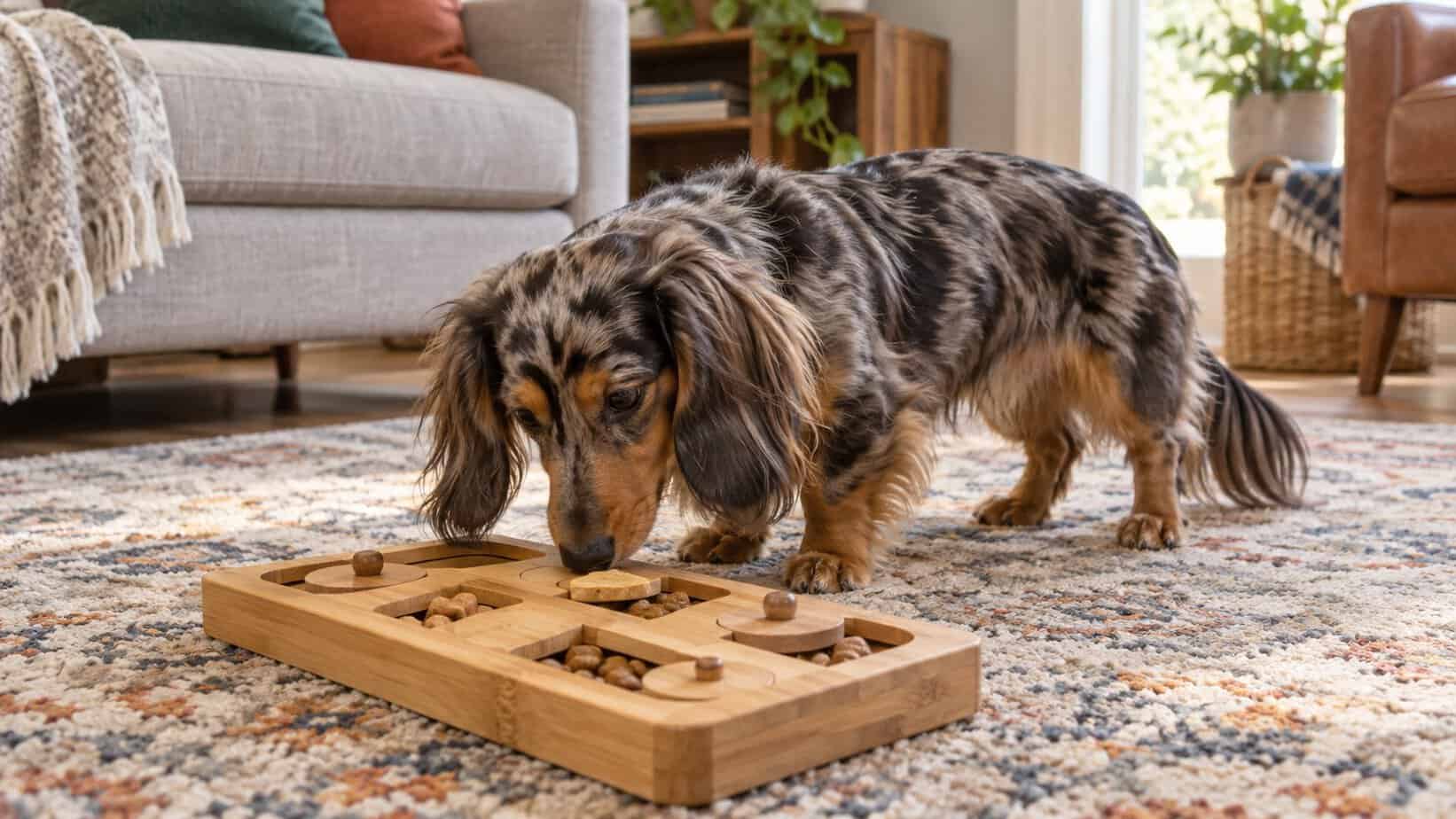 Long-haired dapple Dachshund exploring a wooden puzzle feeder on a living-room rug