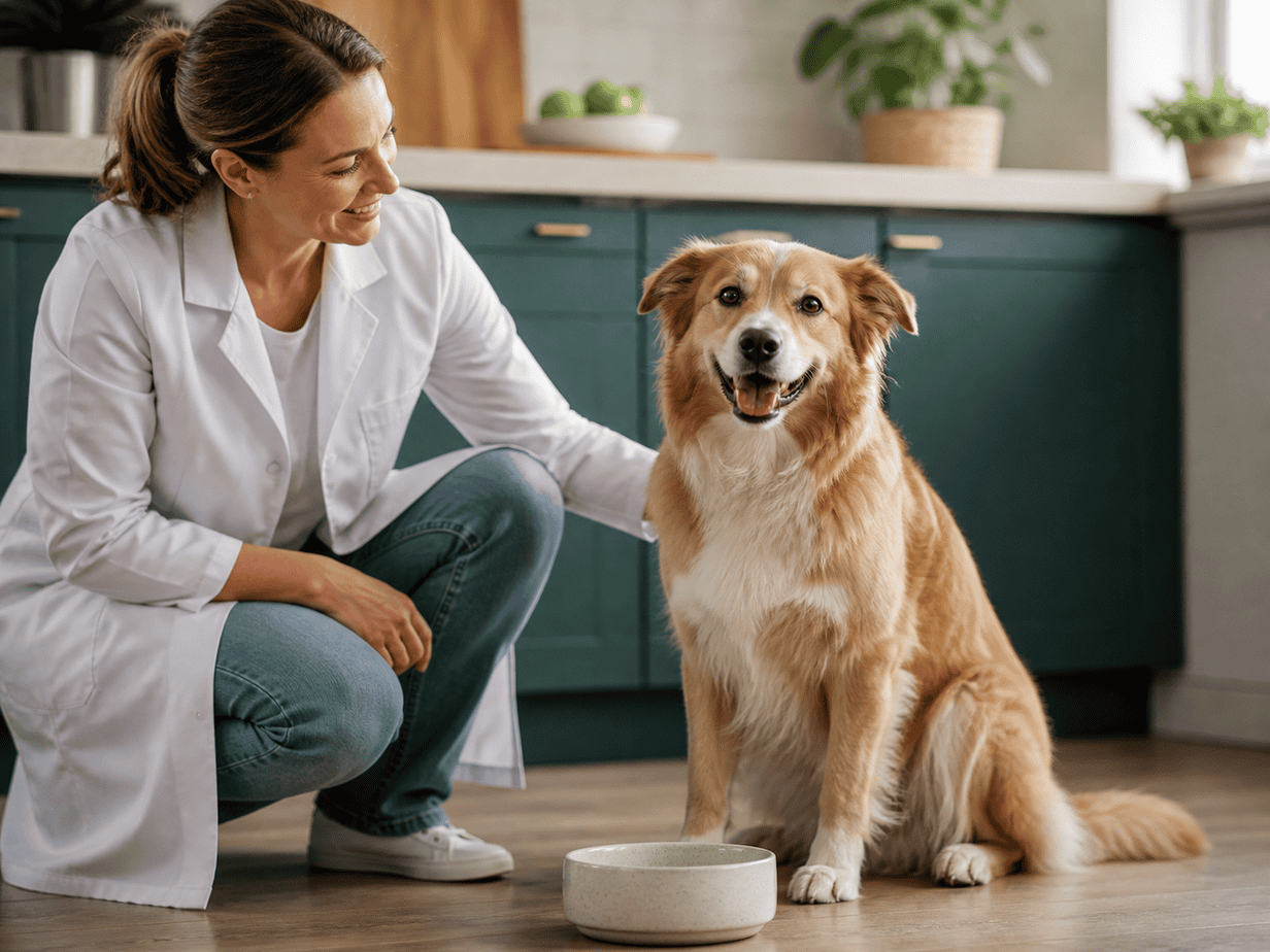 Veterinarian reassuring a healthy dog beside a food bowl for digestive health guidance