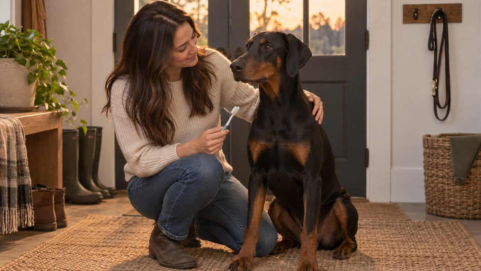 Owner preparing a calm evening tooth-brushing routine with a Doberman Pinscher