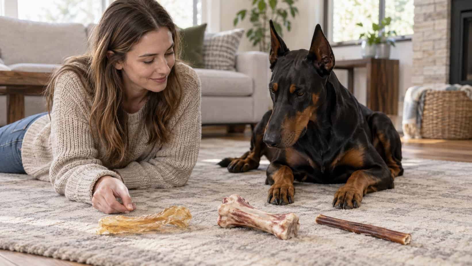 Doberman Pinscher with an owner supervising three natural chew options