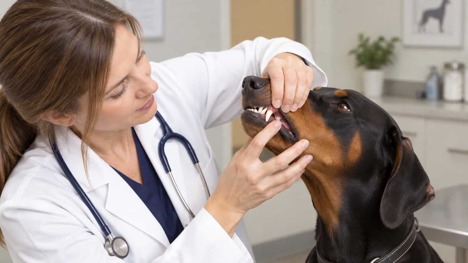 Veterinarian gently examining a Doberman Pinscher's teeth and gums