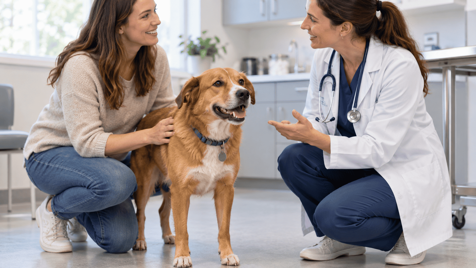 Dog with owner speaking to a veterinarian during an anal gland follow-up visit