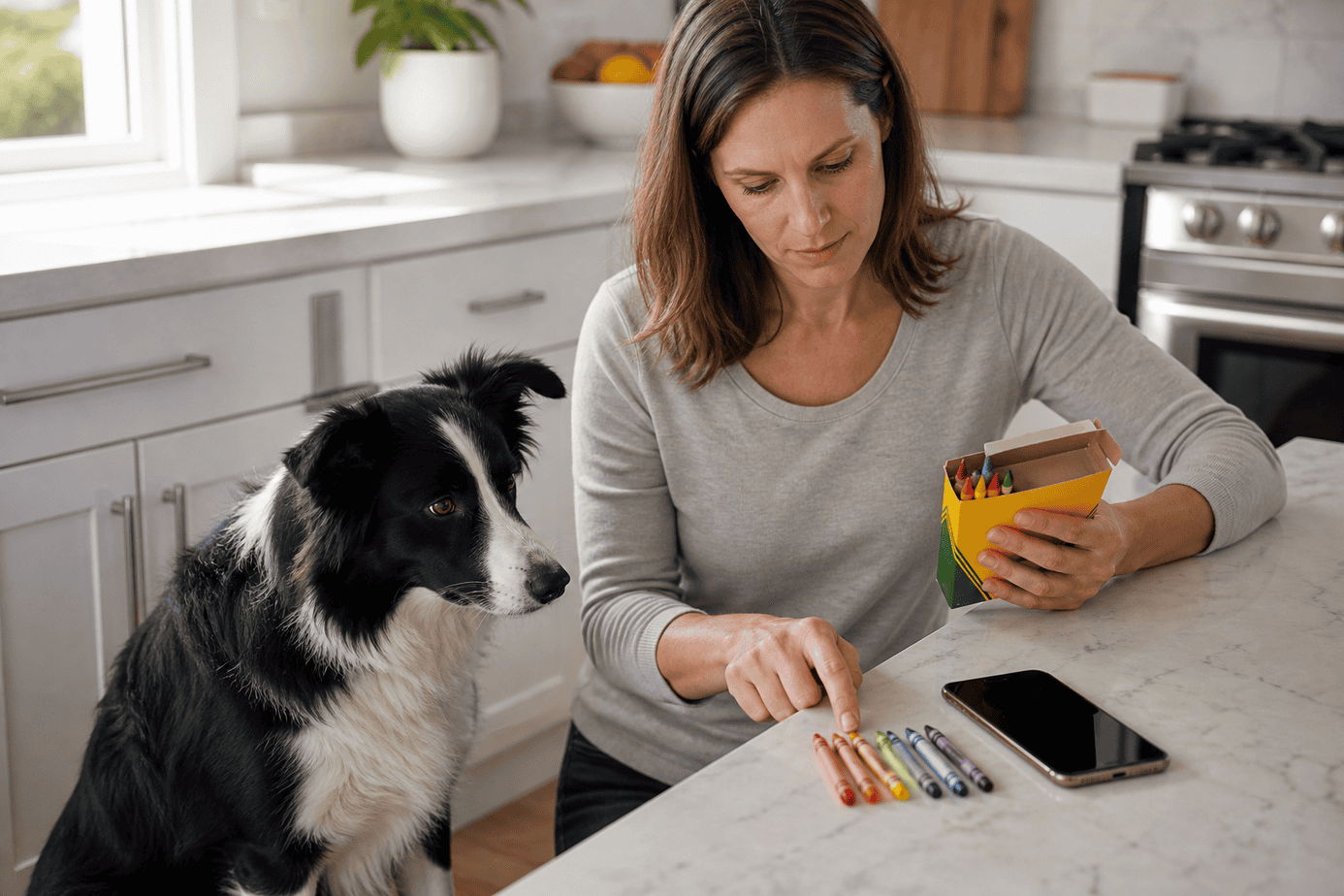 Owner checking a crayon box after a possible dog exposure
