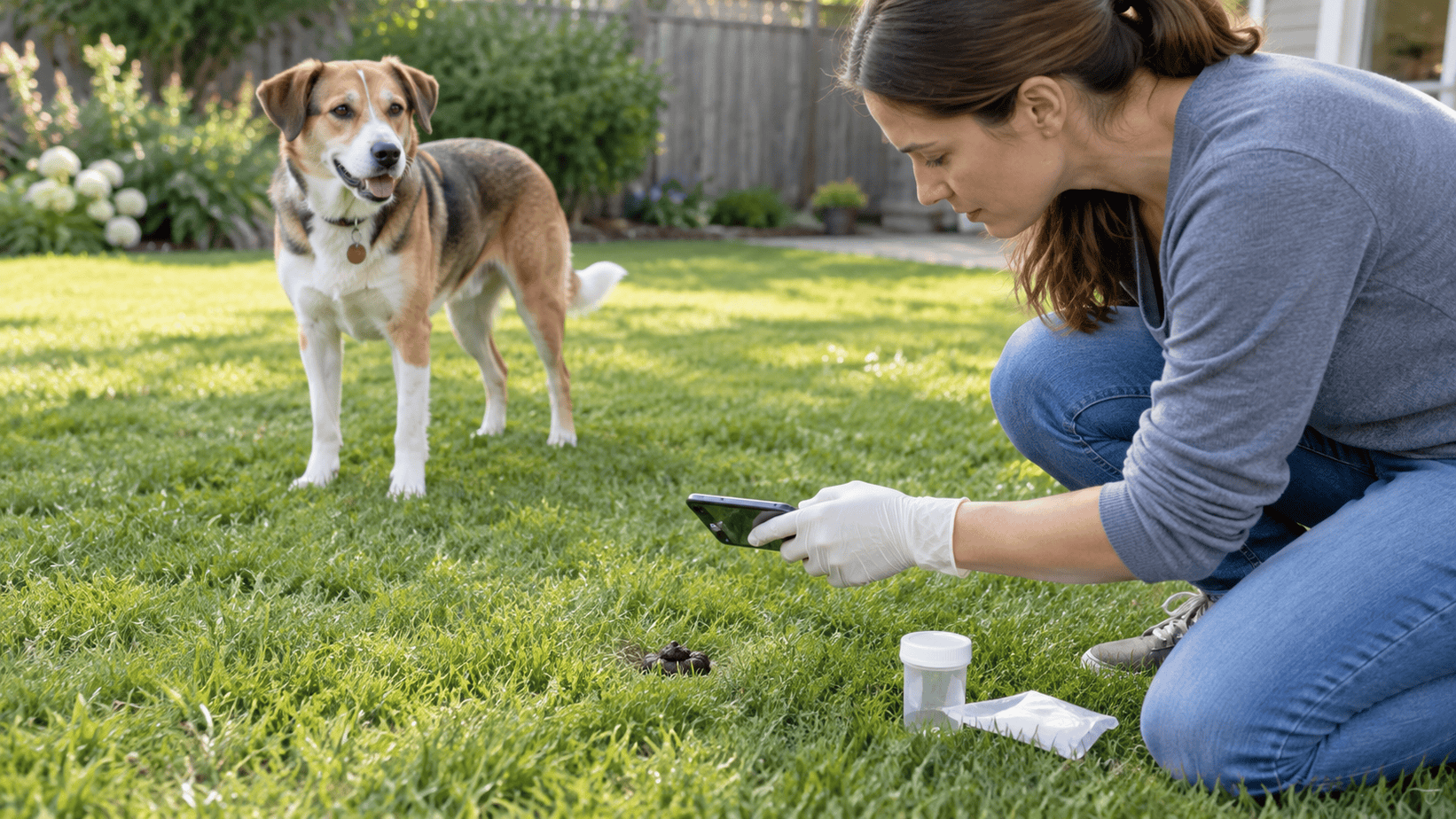 Owner photographs a very dark dog stool and prepares a sample for the veterinarian