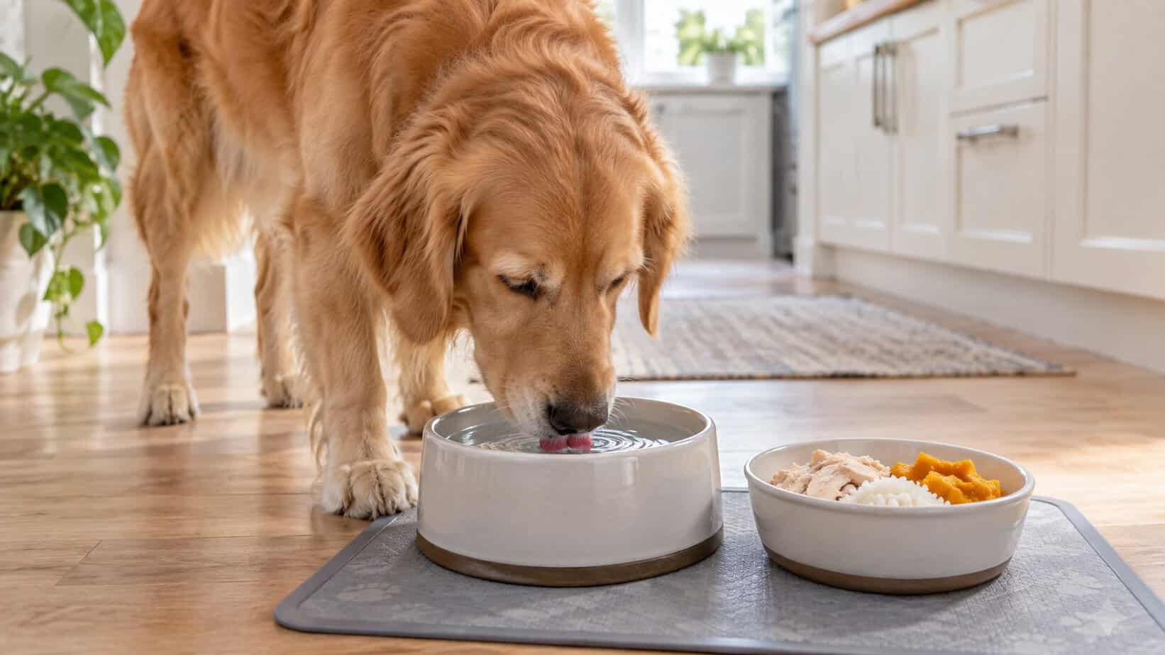 Dog drinks fresh water beside a bowl of plain chicken, rice, and pumpkin