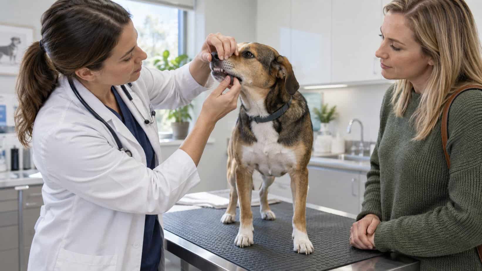 Veterinarian checks a dog's gums and hydration while the owner watches