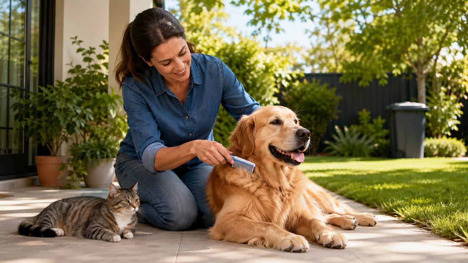 Dog and cat with their owner using a flea comb as part of parasite reinfection prevention