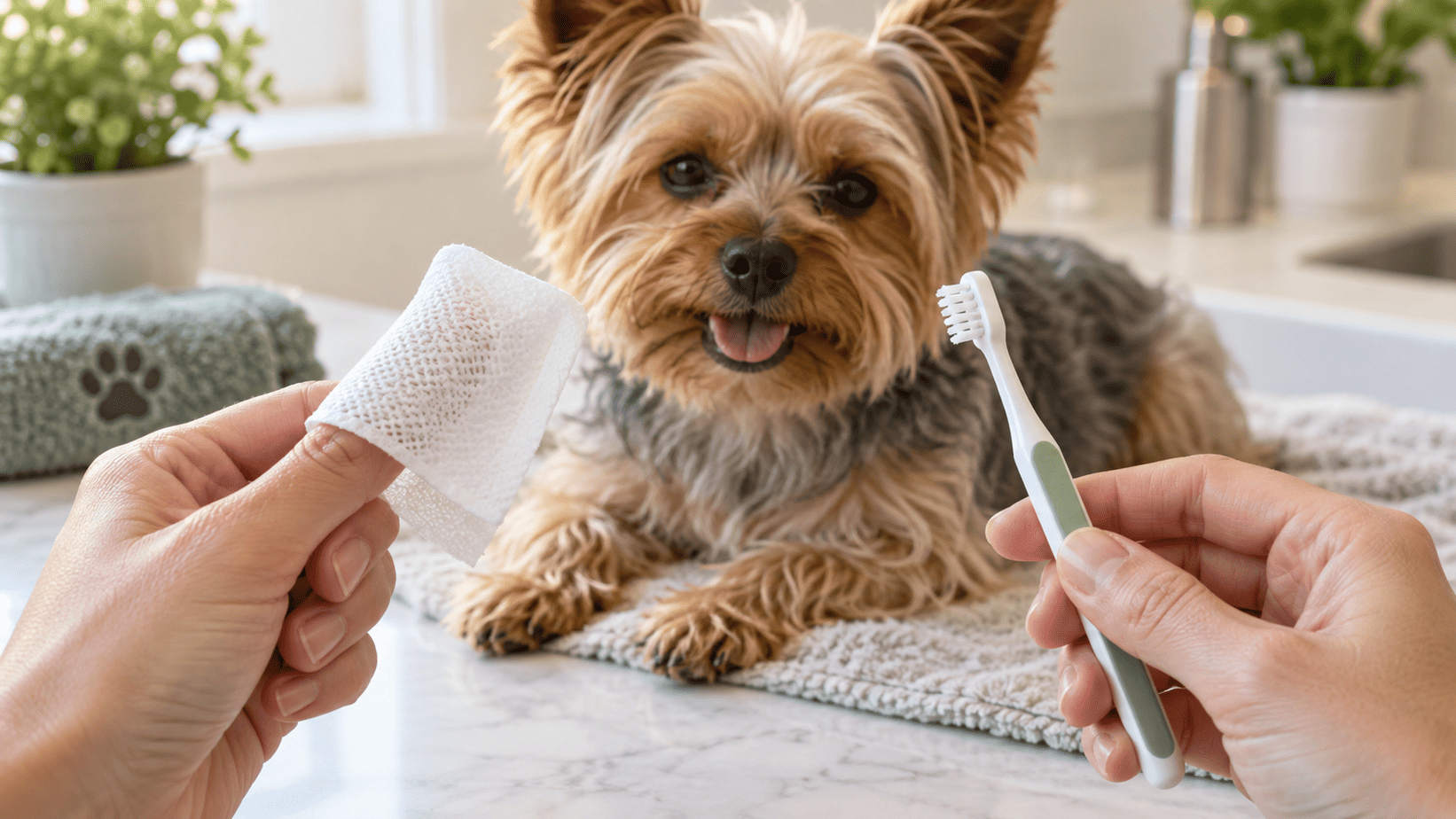 Dog dental wipe and soft toothbrush shown as two home dental-care options