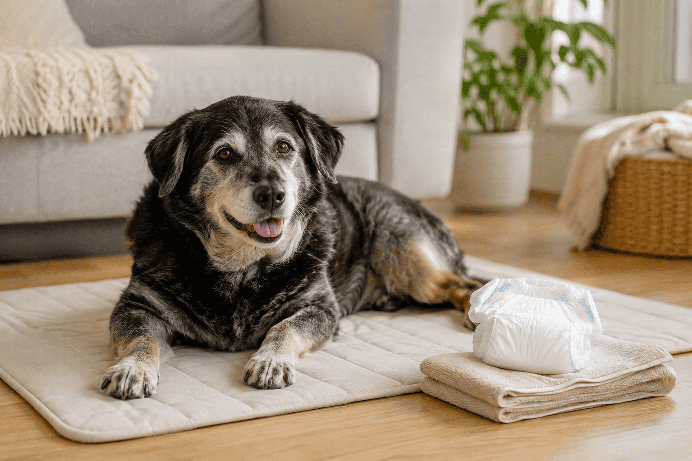 Senior dog resting during supervised diaper-free time with a clean dog diaper nearby