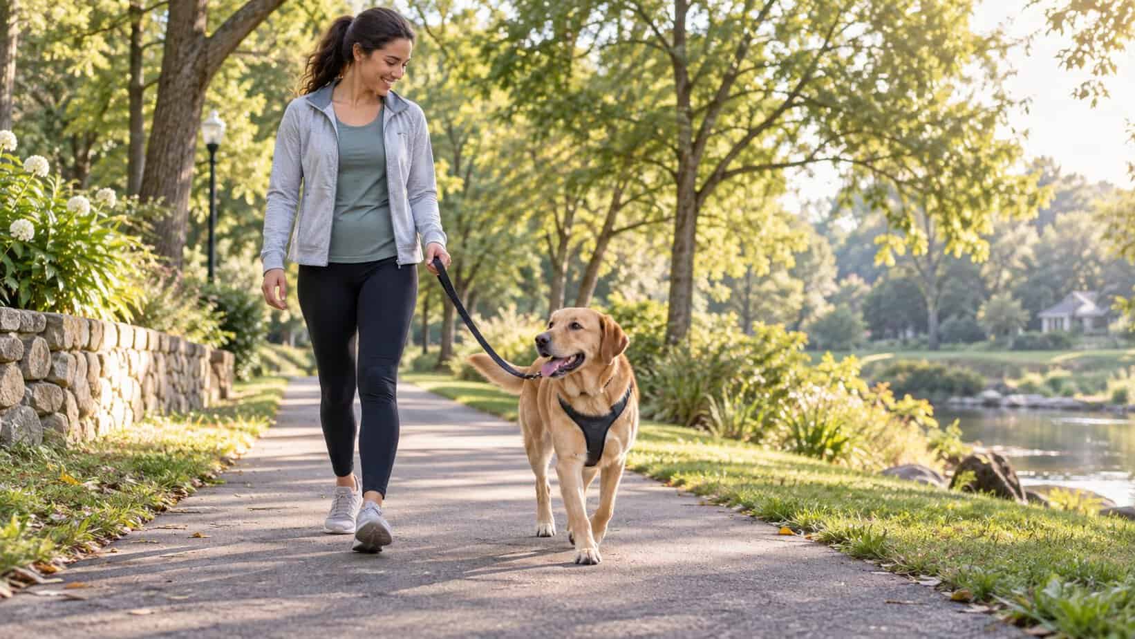 Healthy dog takes a relaxed walk with its owner to support digestive health and stress reduction