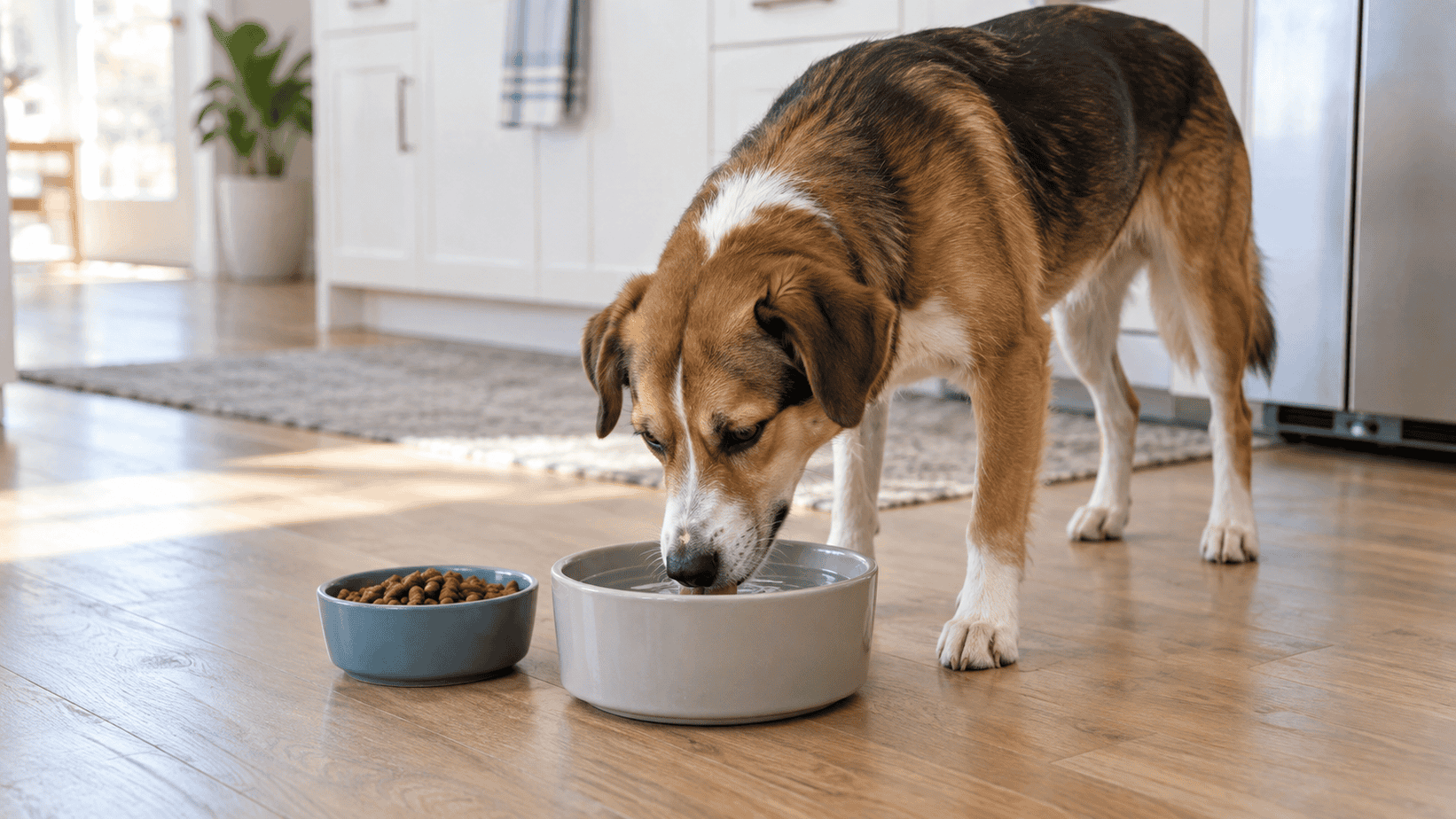 Adult dog drinking fresh water beside a small meal at home