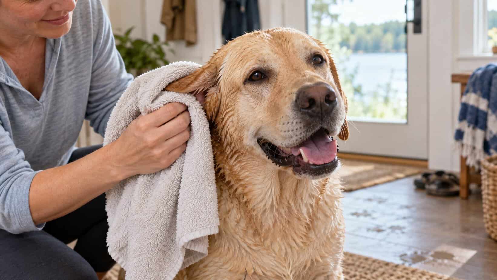 Owner dries a golden retriever’s outer ear with a towel after swimming