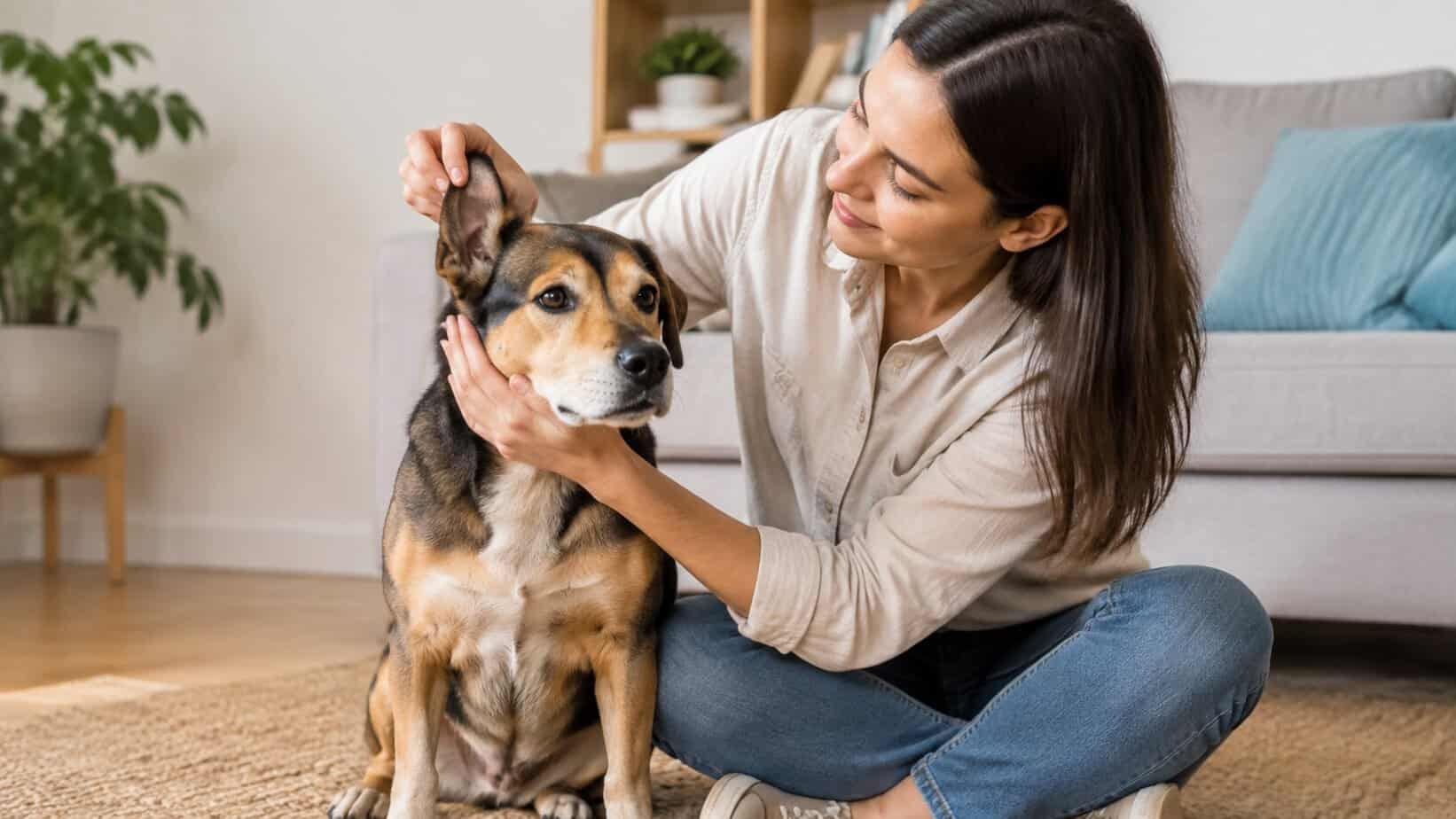 Owner gently checking a dog's ear at home