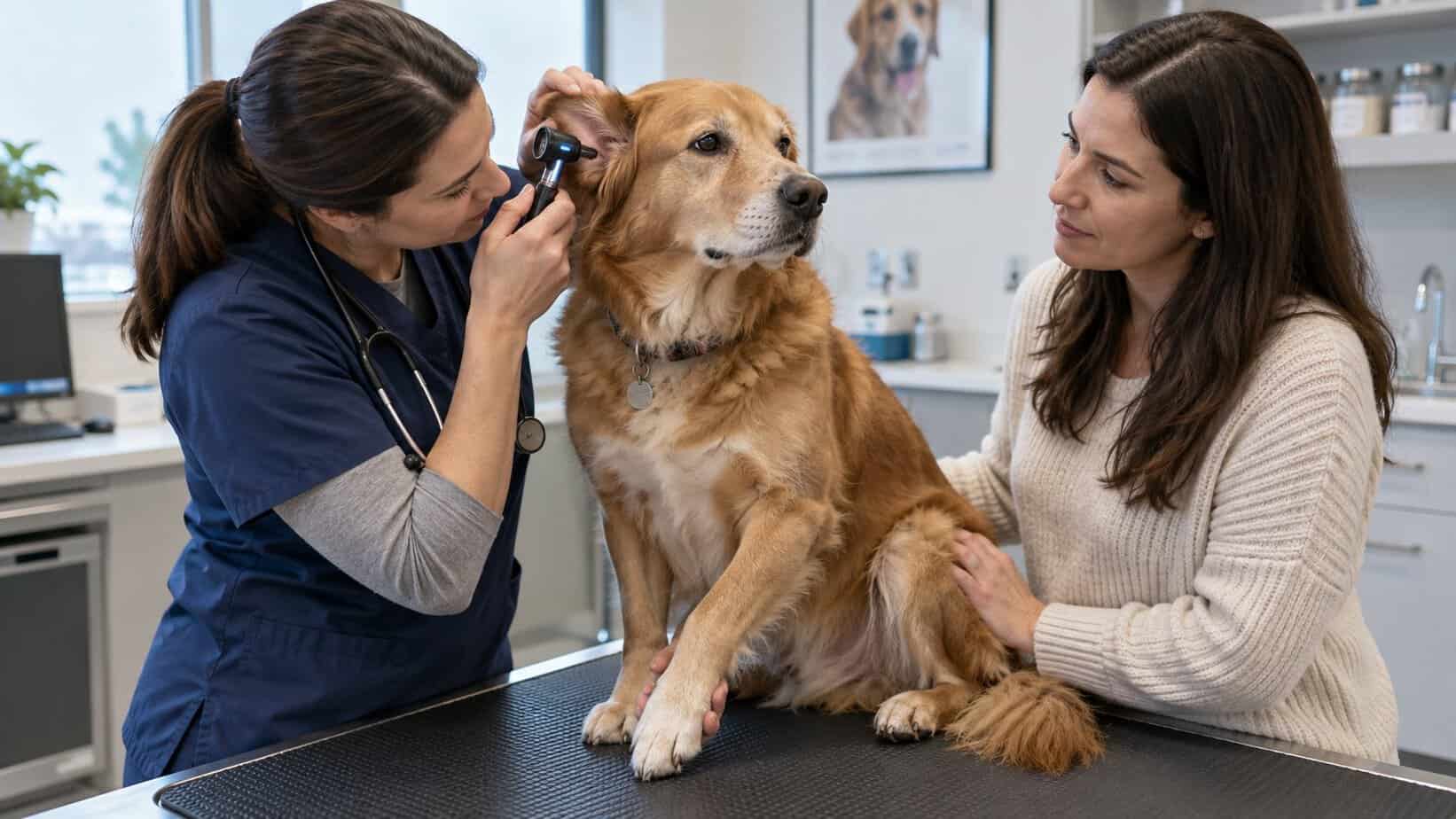 Veterinarian examining a dog's ear while the owner calmly supports the dog