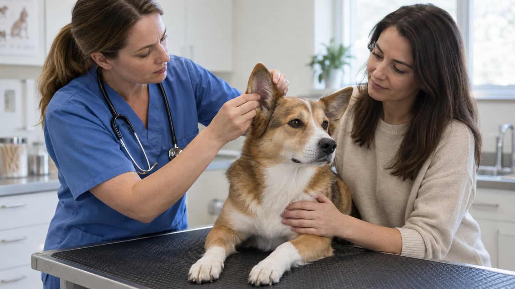 Veterinarian examines a dog’s ear while its owner offers reassurance