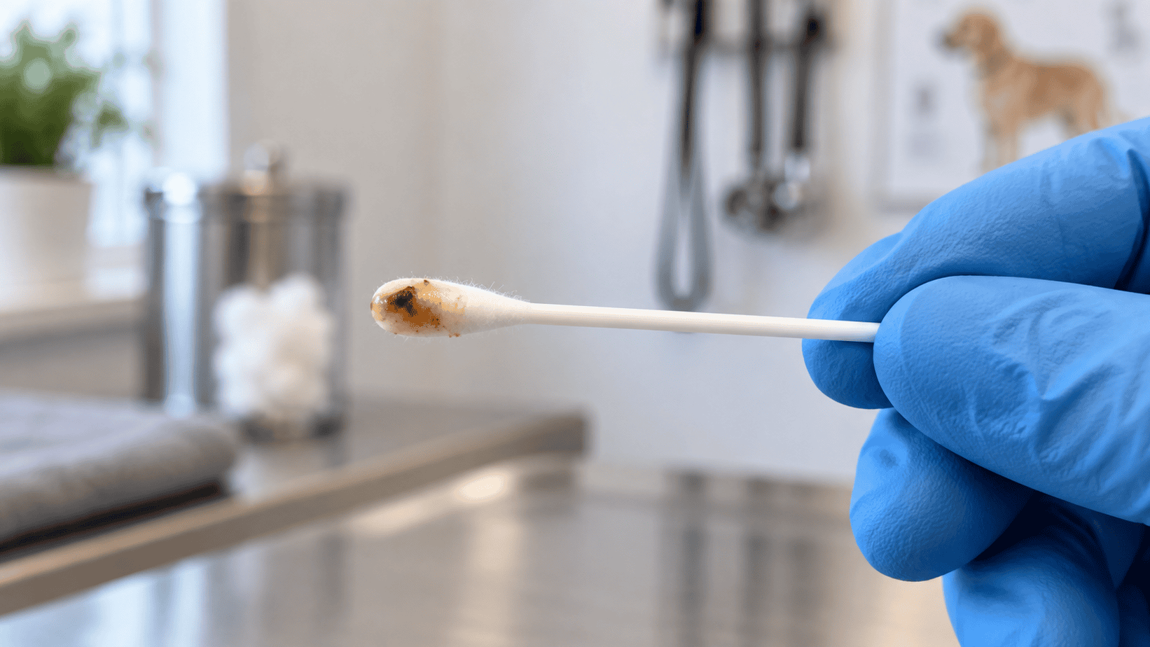 Dog ear wax on a cotton swab held by a gloved veterinary hand