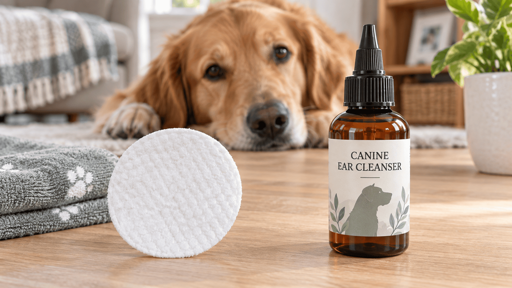 A dog ear wipe beside a bottle of canine liquid ear cleanser