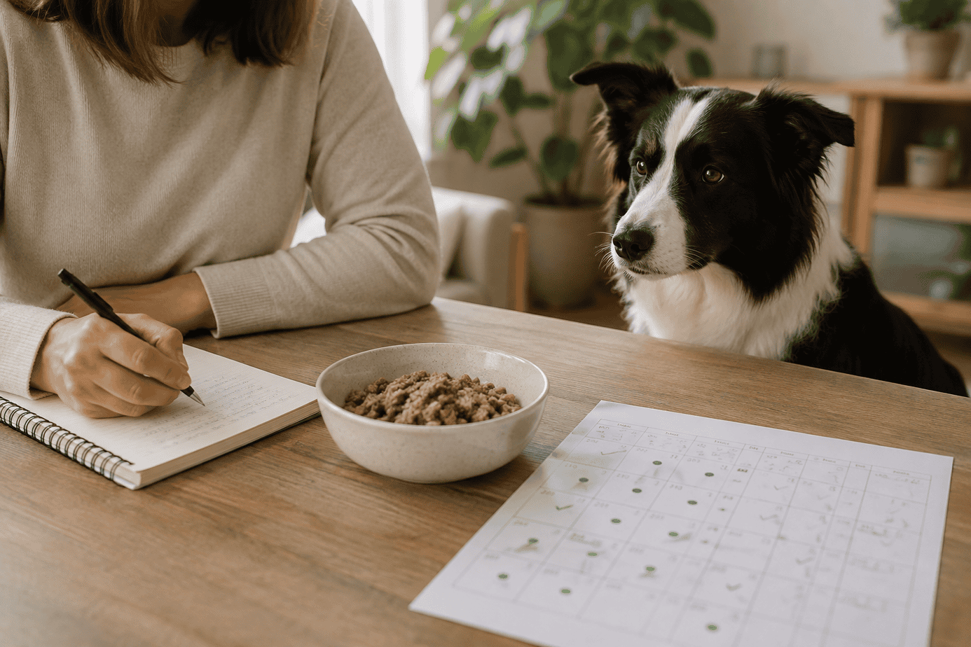 Pet parent tracking a border collie's symptoms during an egg elimination diet