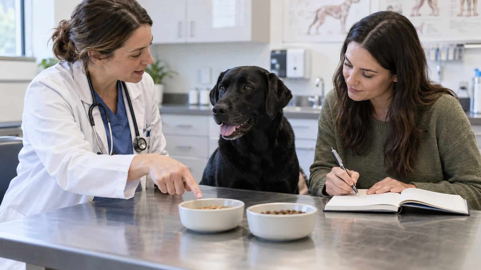 Veterinarian and dog owner planning an elimination diet trial with a black Labrador