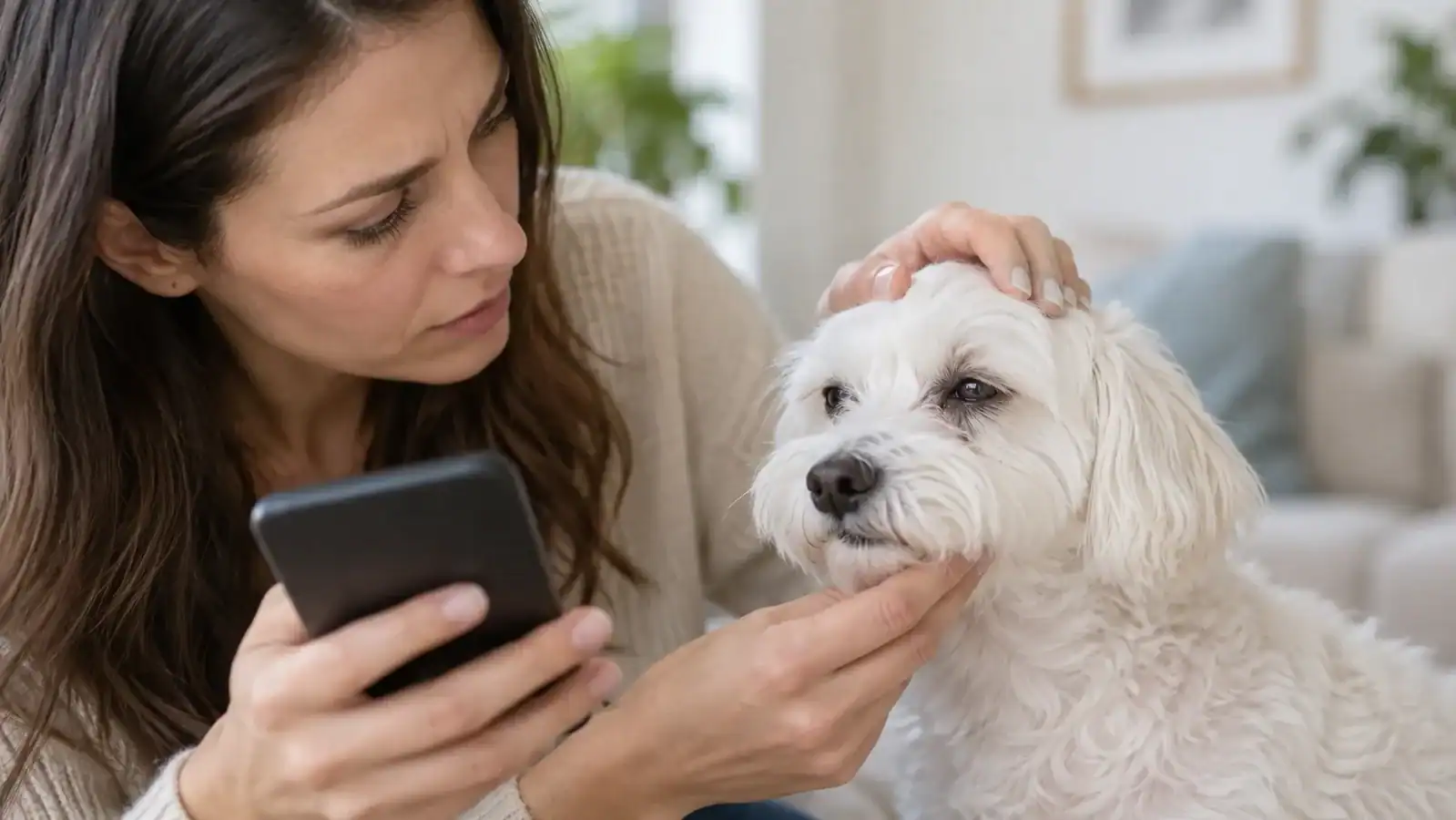 Dog owner checking eye discharge and preparing to contact a veterinarian.
