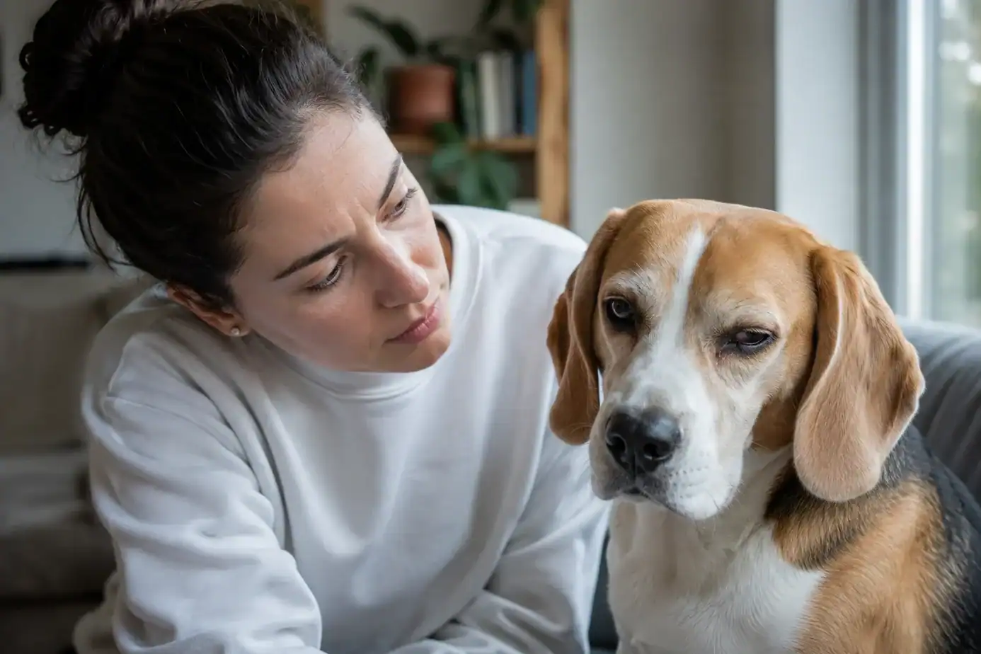 Owner checking a beagle with a watery, squinting eye