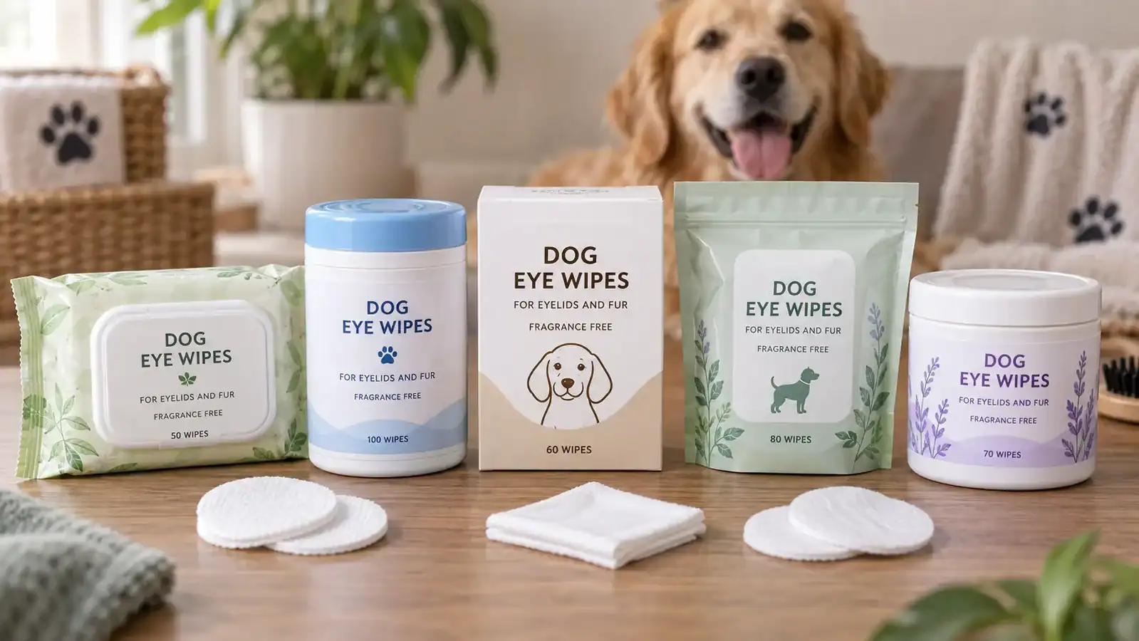 Five dog eye wipe products arranged for comparison.