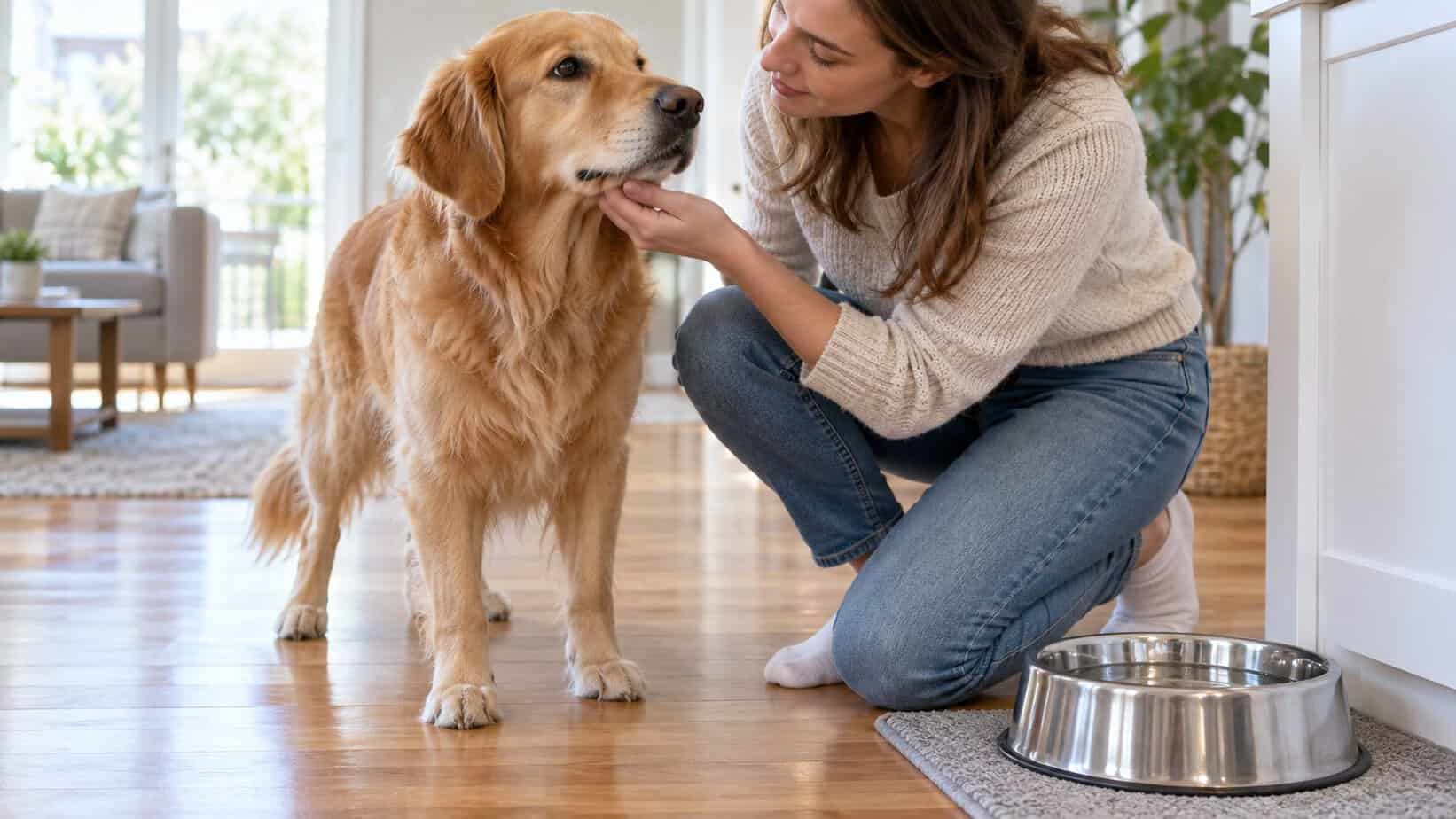 Dog owner calmly checks a golden retriever’s muzzle beside a clean stainless steel bowl.