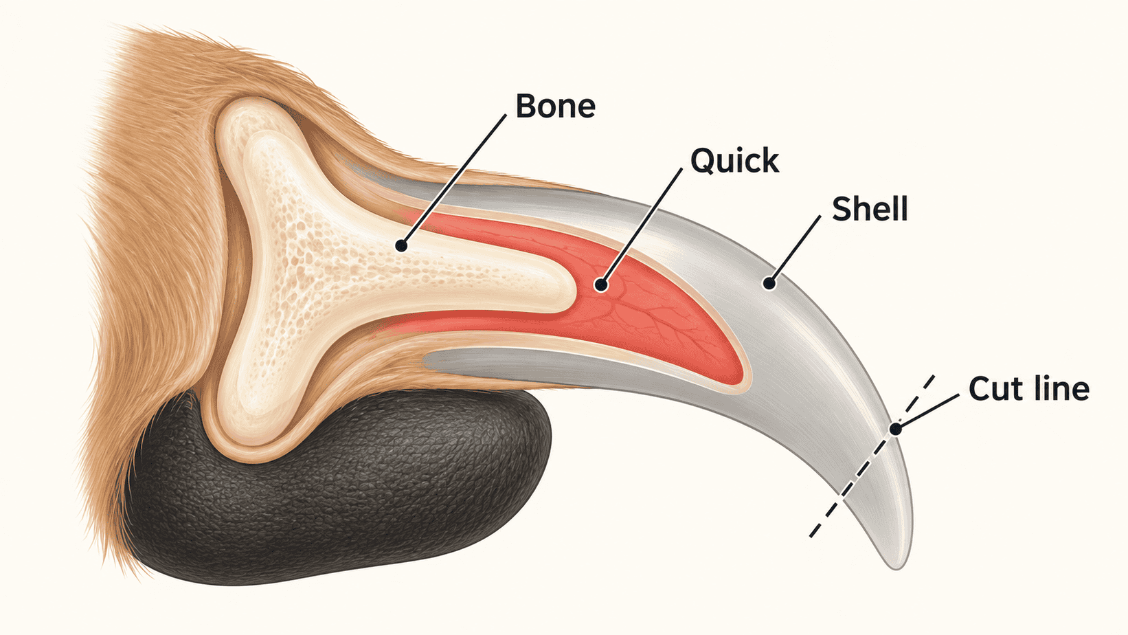 Dog nail cross-section showing the bone, quick, shell, and cut line near the nail tip