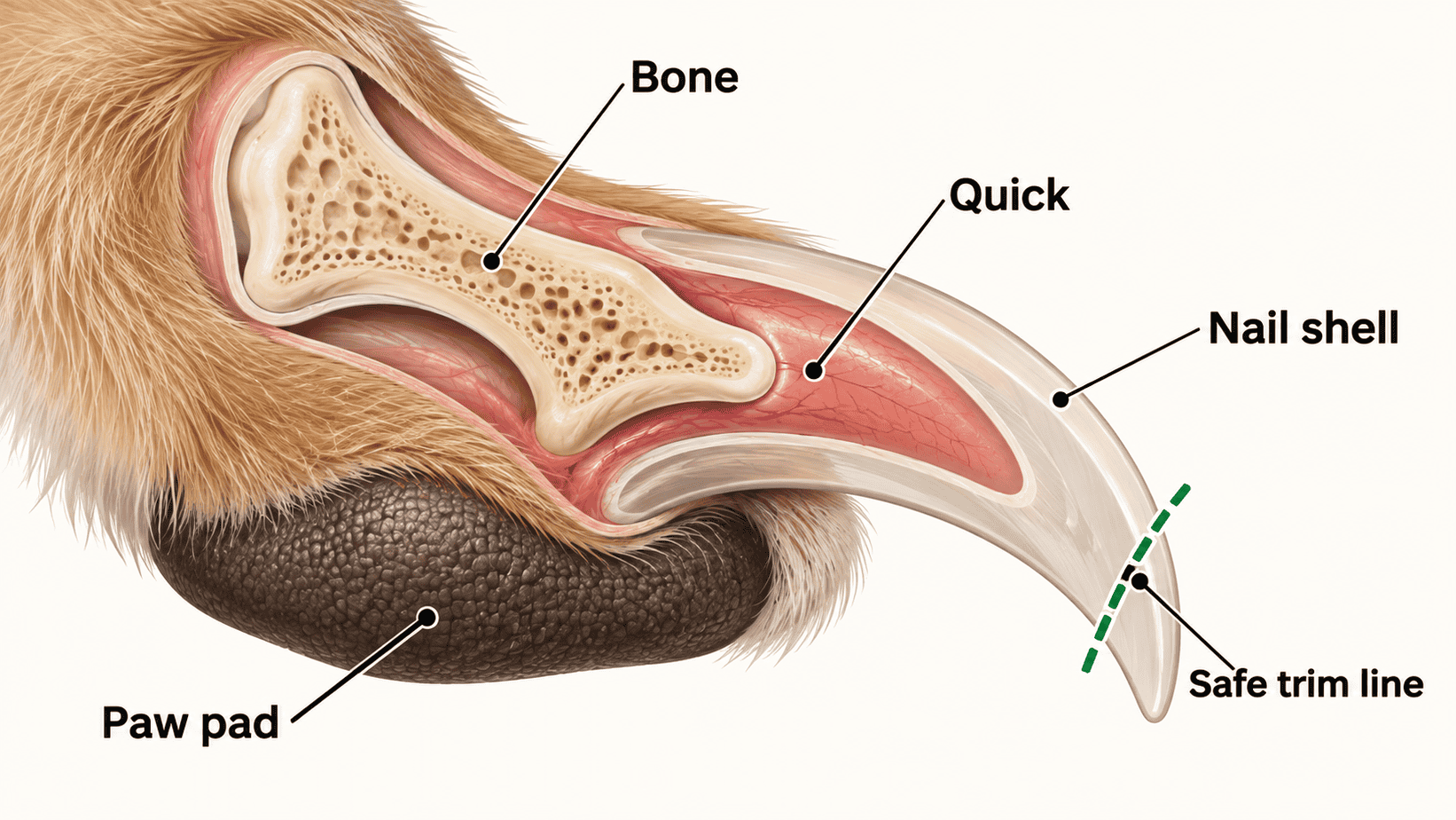 Dog nail cross-section labeled with the bone, quick, nail shell, paw pad, and safe trim line.