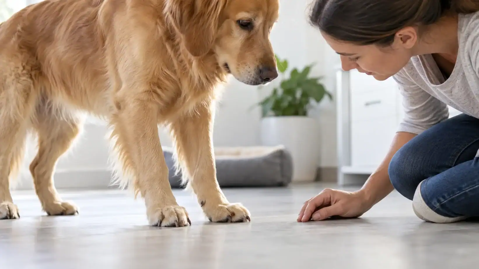 A dog standing on a flat floor while a caregiver checks nail length