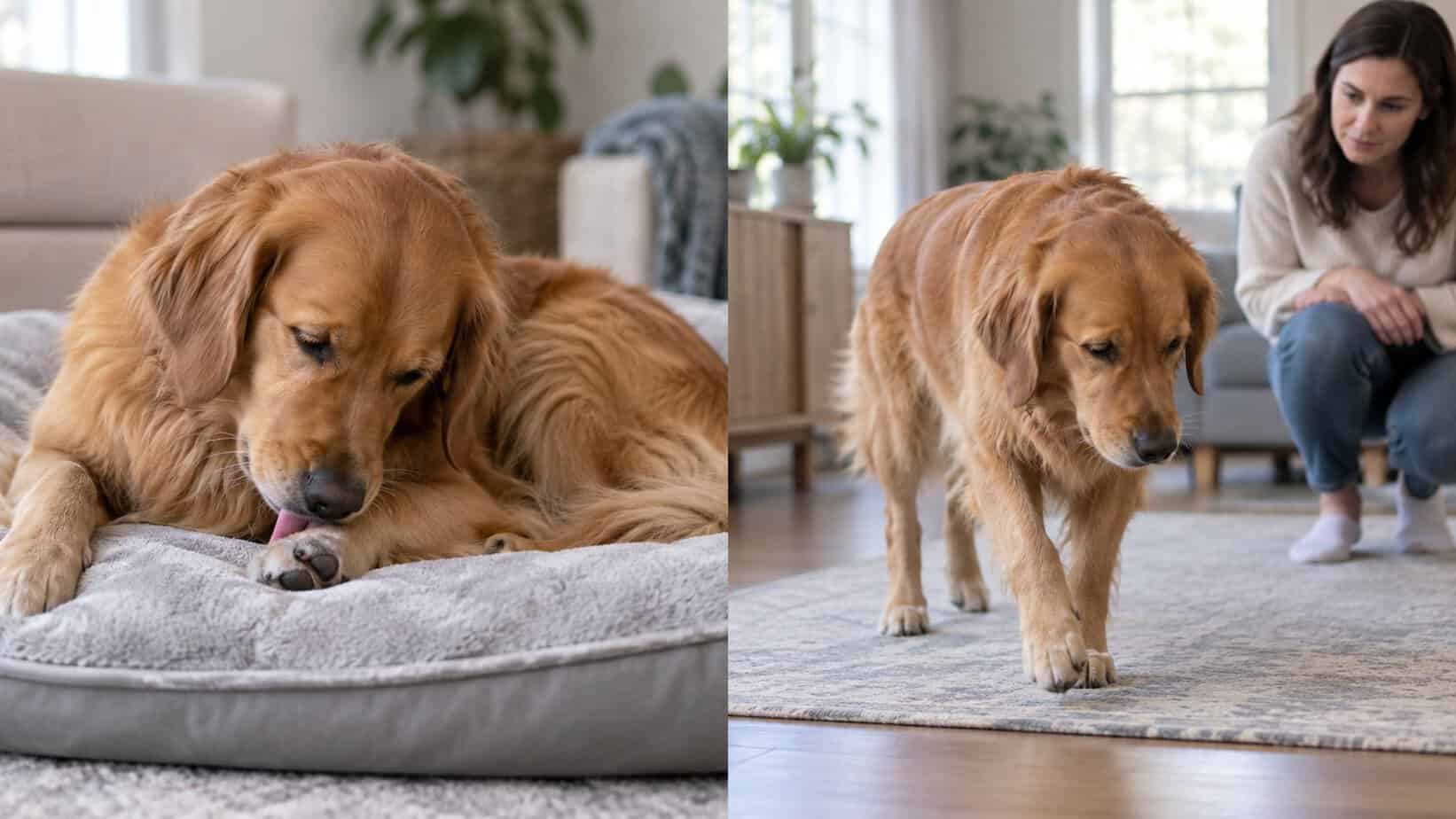 Dog licking one paw and walking slowly while an owner watches for limping