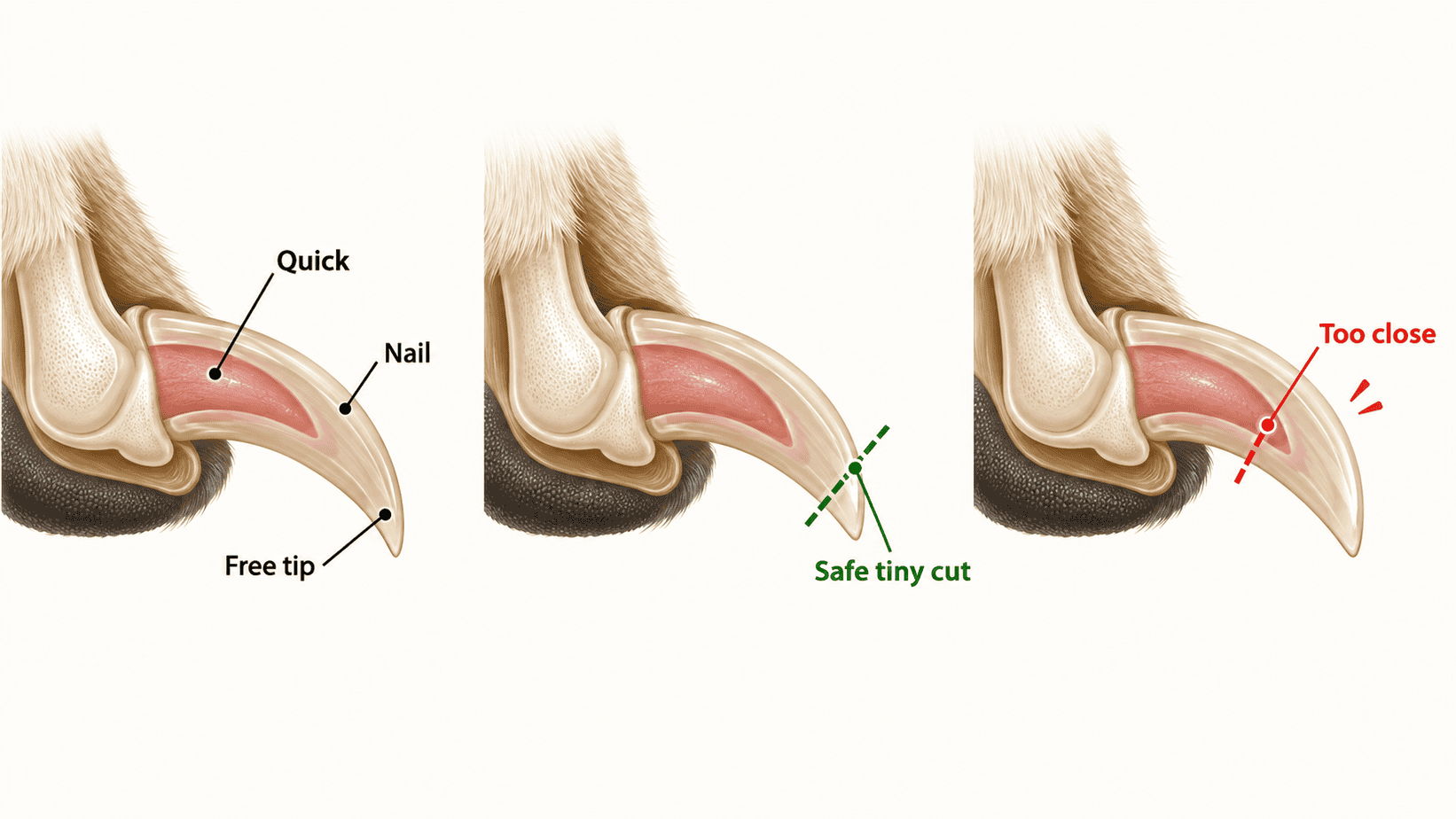 Dog nail cross-sections showing the quick, free tip, a safe tiny cut and a cut too close to the quick.