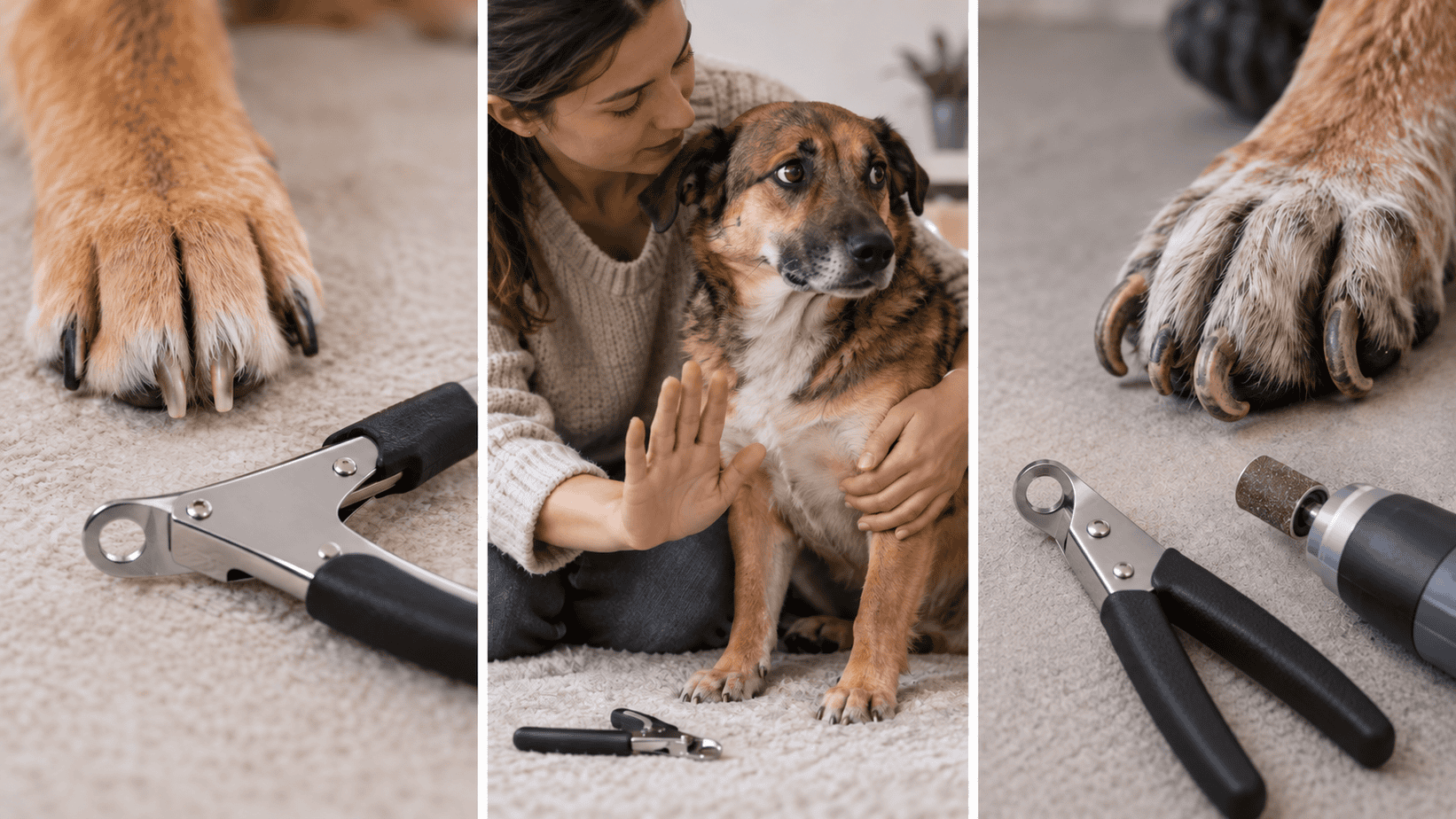 Three scenes showing a suitable guillotine trim, a pause for an uneasy dog, and a guillotine clipper beside a grinder for a thick or curled nail.