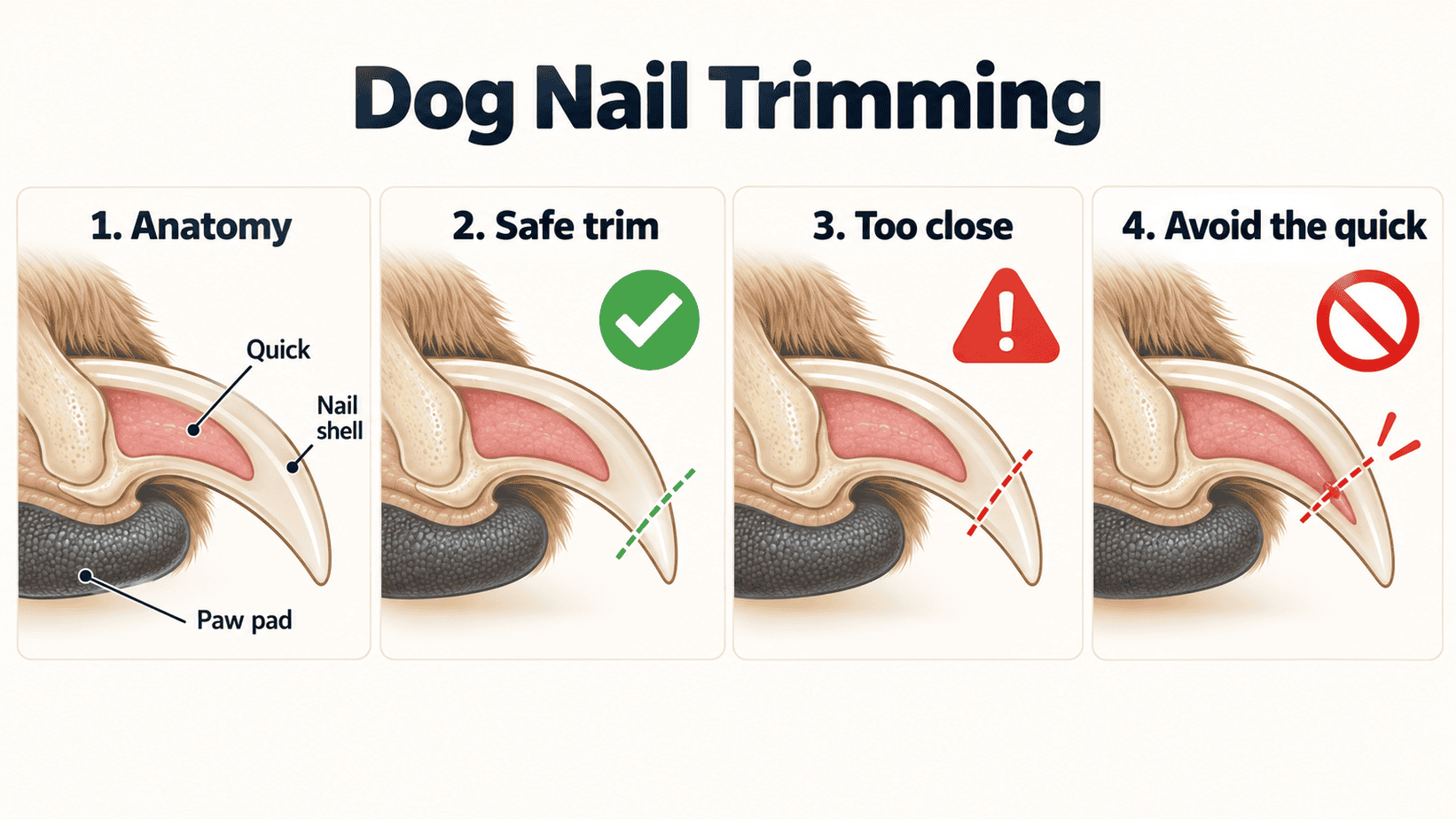 Four-panel dog nail trimming guide showing anatomy, a safe trim, a cut too close, and the quick to avoid.