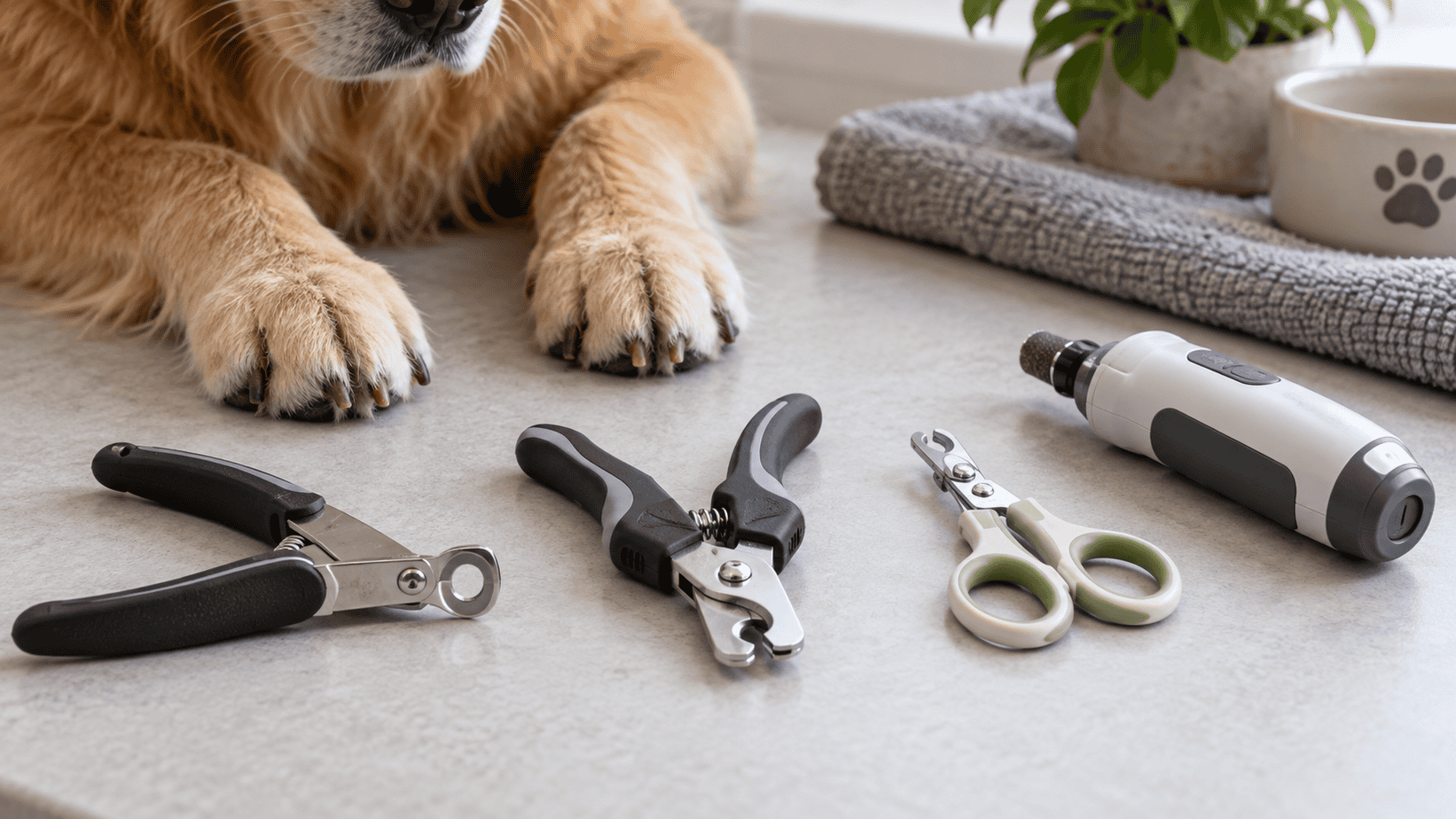 Guillotine, scissor, and small nail clippers with a grinder beside a resting dog’s paws.