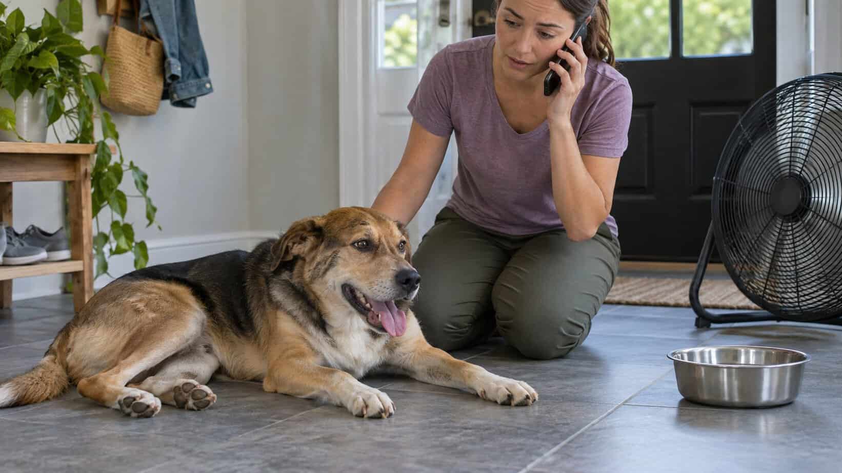 Dog resting on a cool floor while its owner calls a veterinarian about overheating