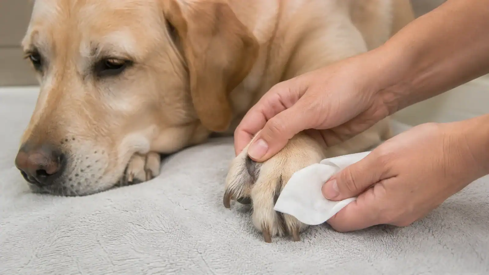 Owner gently applying a medicated wipe between a calm Labrador retriever's toes