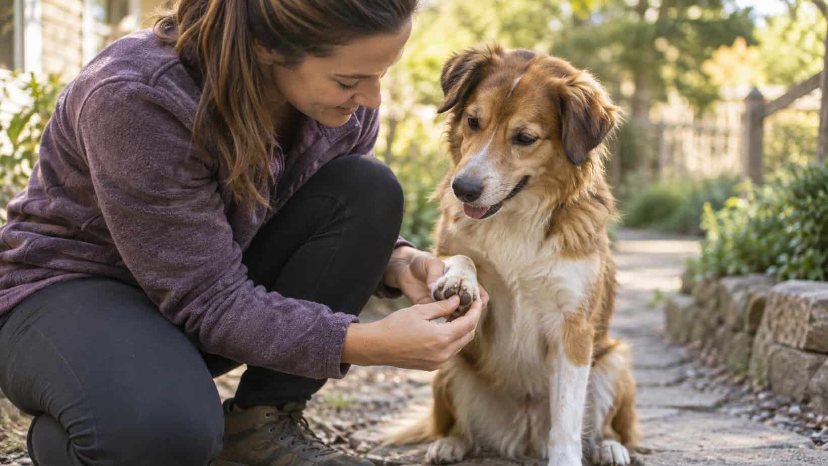 Handler gently checks a dog’s paw after an outdoor walk.