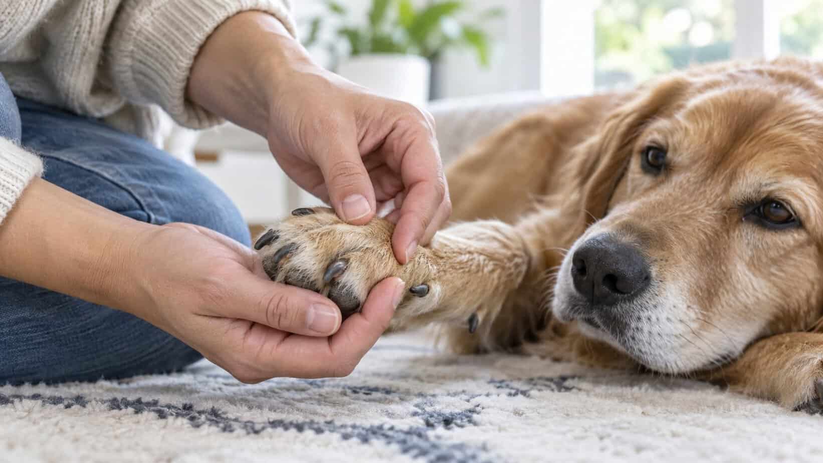 Owner gently inspecting a dog’s nails and paw after a nail trim