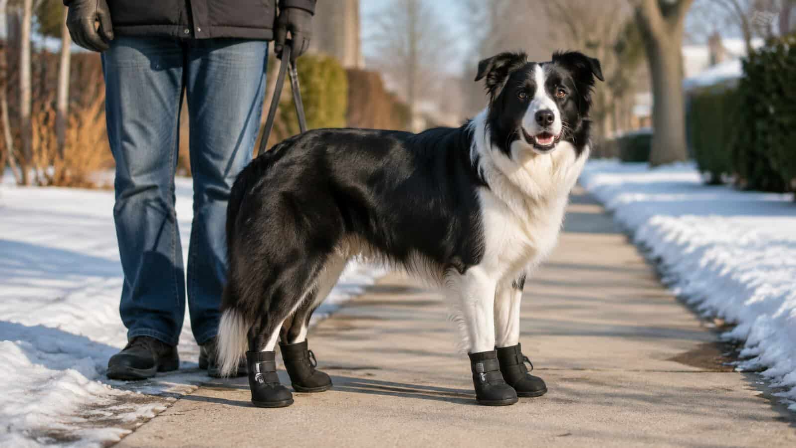 Border collie wearing four protective booties on a snowy sidewalk