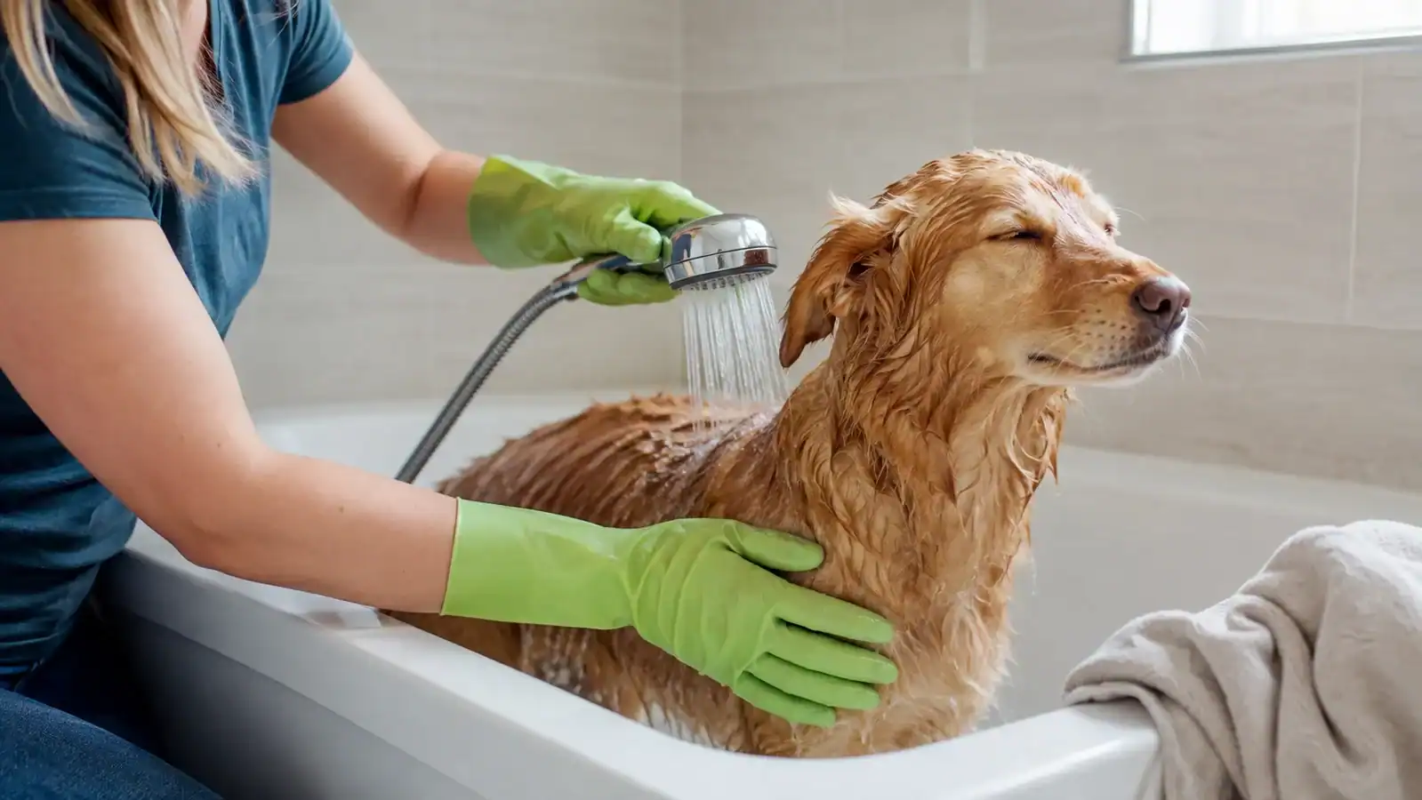 Owner wearing rubber gloves rinsing a dog after possible poison ivy exposure